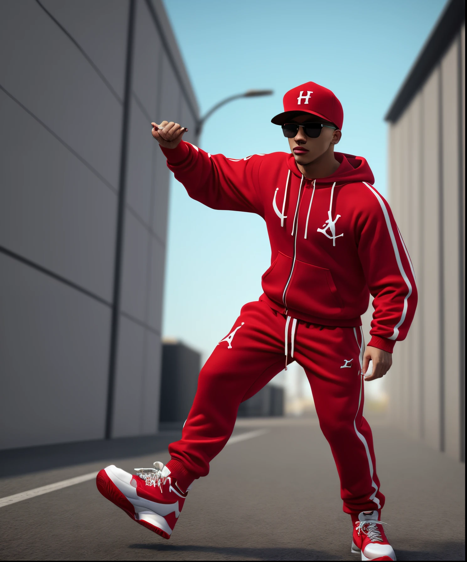 create four, 3d hyper realistic models, Wearing "FIRSTREACTION" sweatsuits, wearing random colored Jordan 9's, 8K resolution