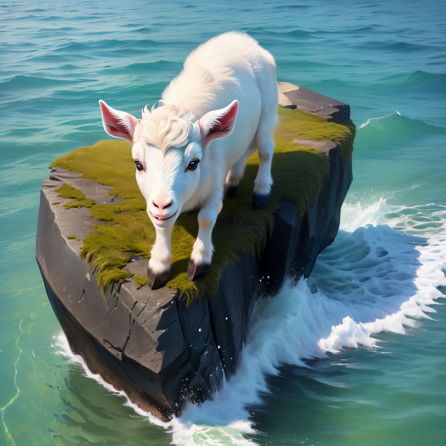 A goat on a rock in the middle of the ocean scared