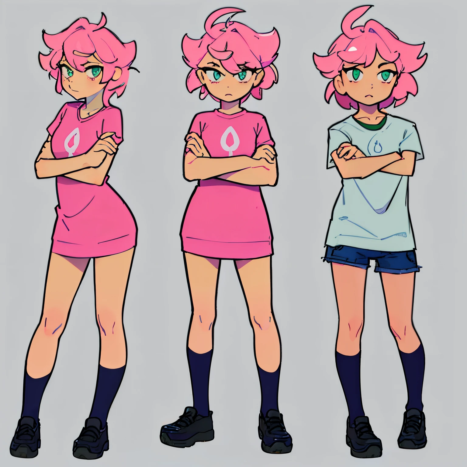 full body confused female short pink hair and green eyes crossed arms looking confused down left no background