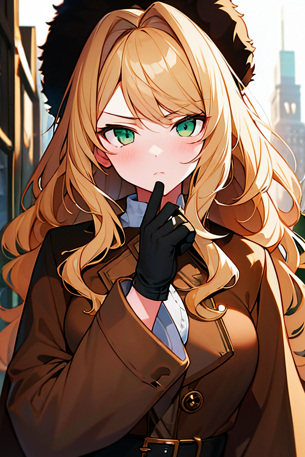 Masterpiece, best quality, 1girl, beautiful detailed eyes, finely detailed, blonde hair, lon wavy hair, green eyes, clothes: brown fur coat, use black gloves, serious face, city in the background