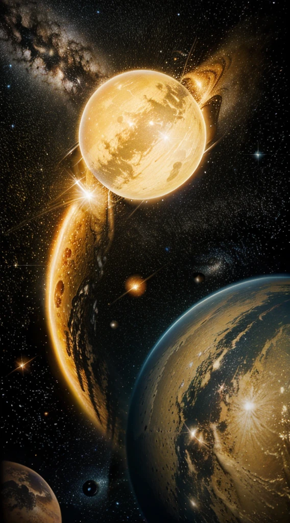 Very bright yellow color giant planet and stars and galaxy background with very beautiful effects