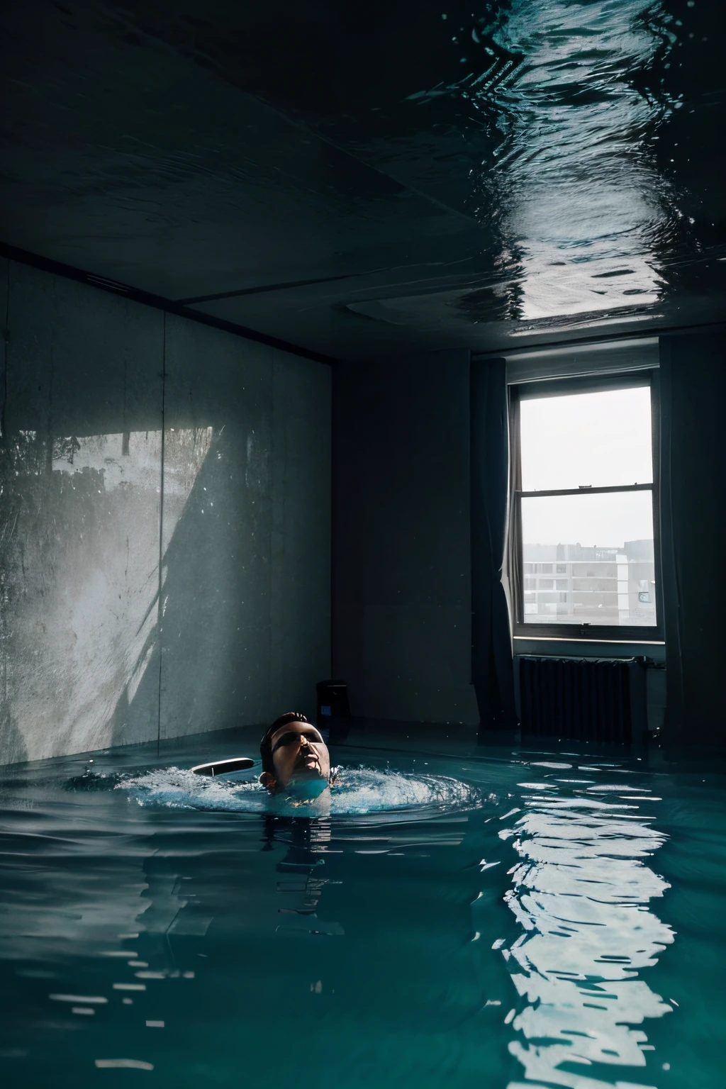 a man swimming in a underwater apartment, very calm face, the water is so high in the apartment that the man touches the roof of the apartment, he has water up to his neck, appartment underwater, dark light, hyper realistic