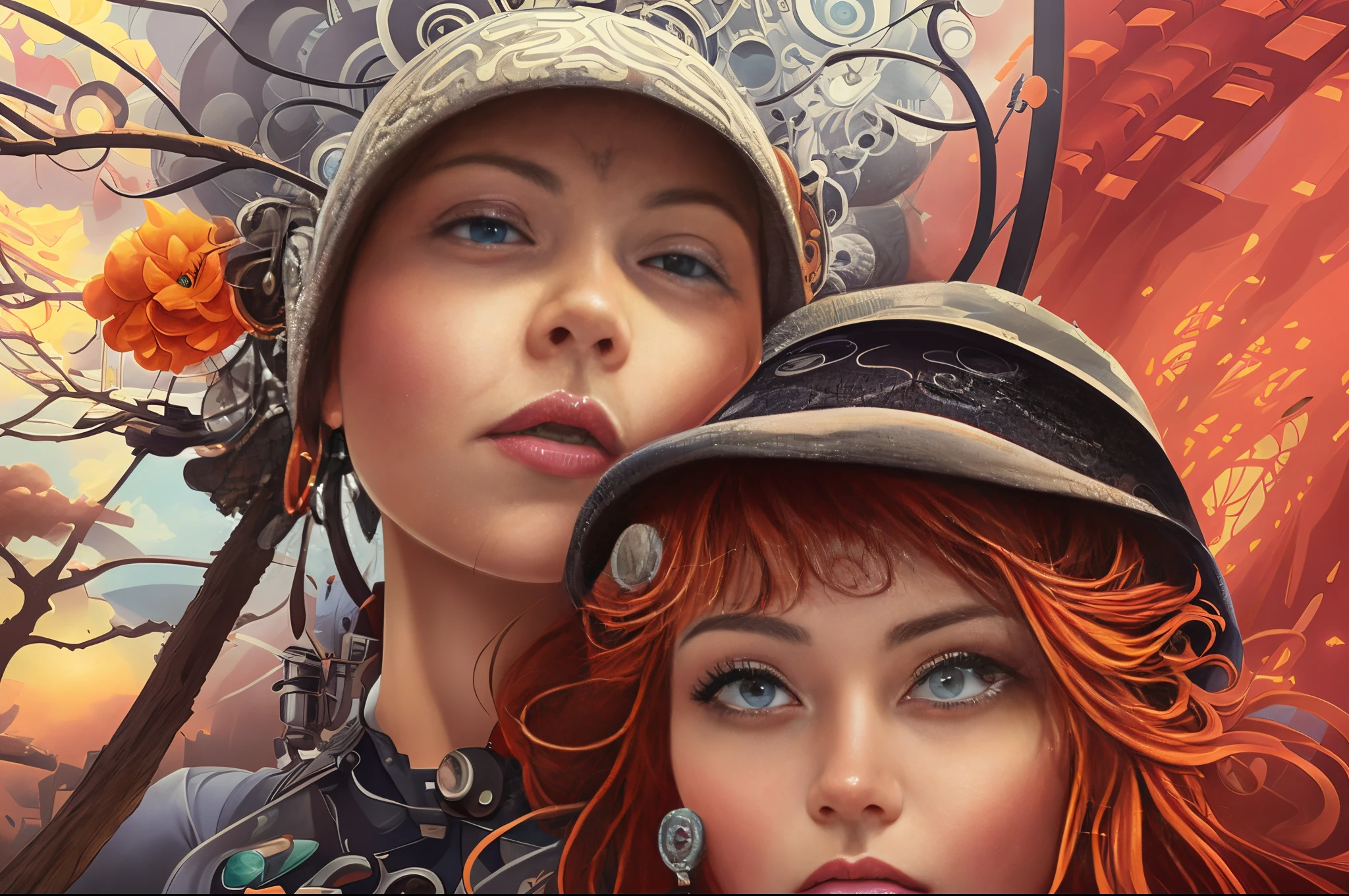 steampunk, sexy woman, (polyvinyl Jacket With Rivets:1.3), (floating red hair:1.4), (open zipper:1.5), (sexy:1.5), (erotic:1.5), best quality, sunlight, detailed face, gorgeous eyes, realistic skin details, high quality, seen from below, translucent, (voluptuous:1), sensual, lascivious, dominant, romantic, high quality, film grain, Cinematic Light, sidelighting, sharp focus