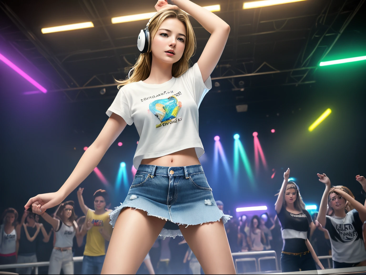 top quality 32k raw photo of 18-year-old Emily VanCamp wearing white T shirt and jeans skirt and headphone. navel look. she is on the disco stage dancing. colorful lights,