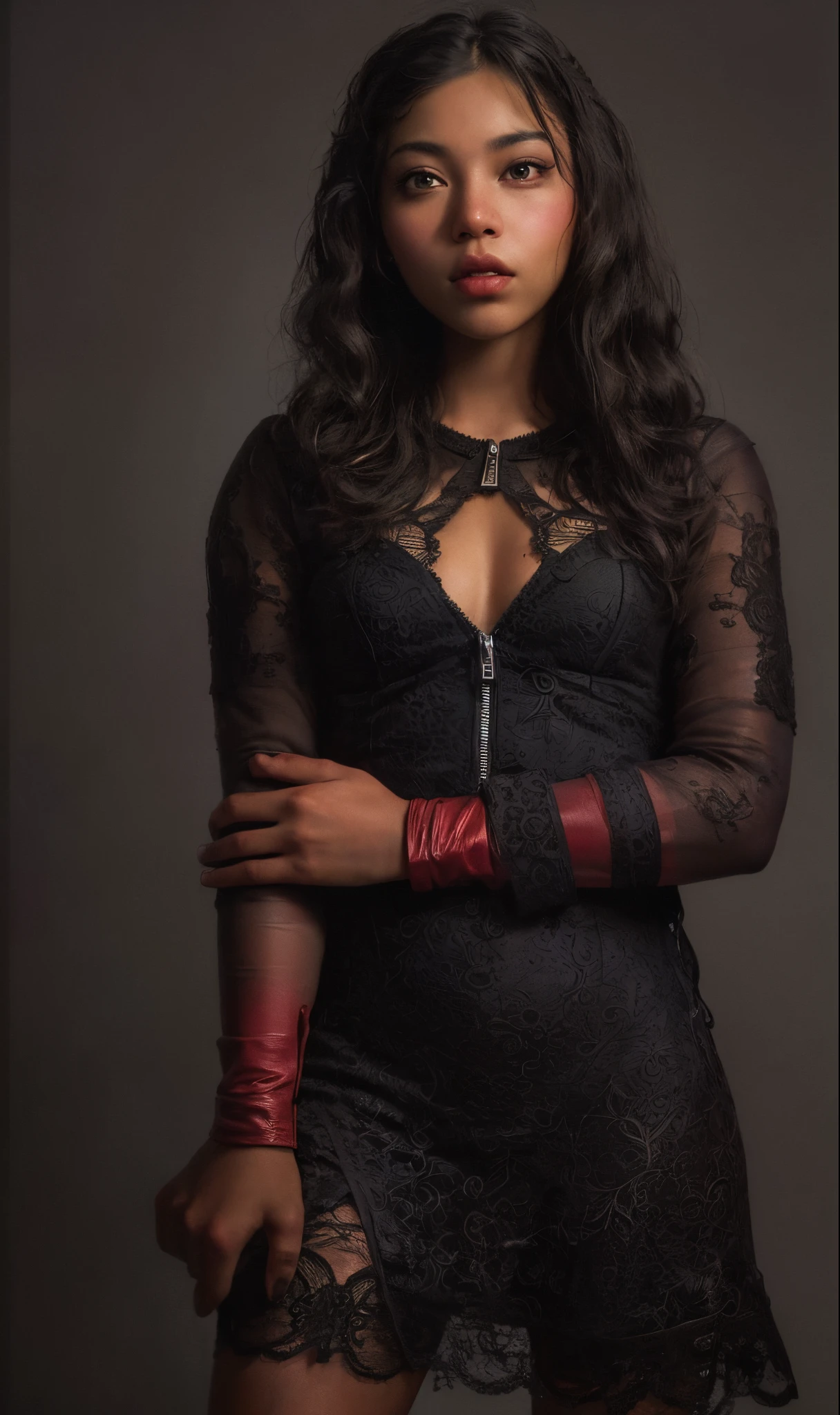 (best quality,8k,ultra-detailed,realistic), extremely detailed photo of a (((20 year old))), black girl, scarlet witch, wearing black lace dress, open red leather jacket, black pantyhose, model photoshoot, photography, studio lighting, professional, vivid colors