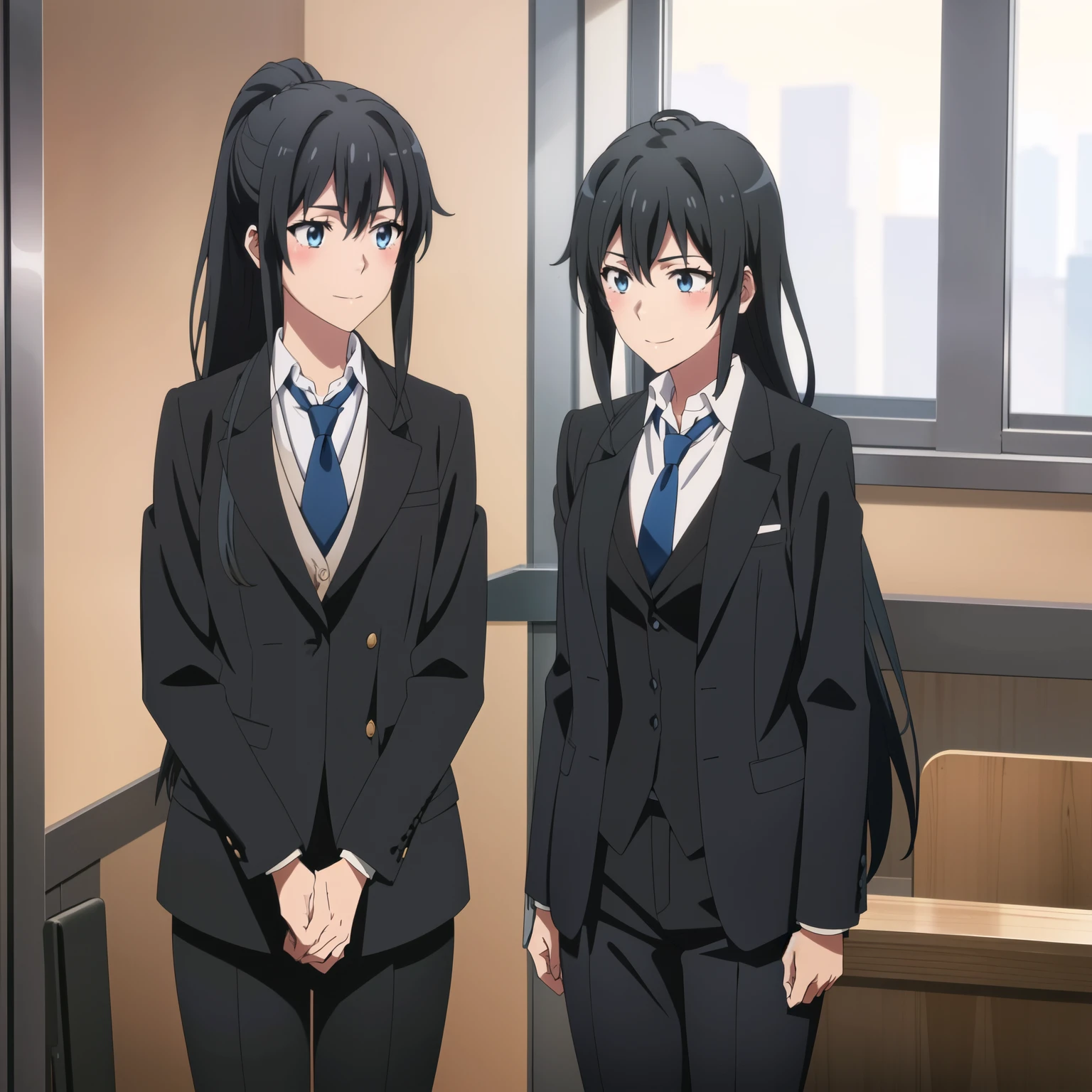 Yukinoshita Yukino wears a tuxedo coat, 1girl, Snafu anime, Female Butler, Elegant blue evening tie, collared shirt, bloomers, Black tail coat, Detailed background of the room, eyes blue, closed mouth, Smileing, Very sexy girl in suit and tie standing by the window, 1girl, 独奏, necktie, Black hair, eyes blue, long  hair, smile, jacket, looking at the scenes, shirt, bloomers, blue necktie, collared shirt, white pants, white shirt, indoors, explosions, long-sleeved, closed mouth, window, black jacket, blush, cowboy shot, ceremonial, Yukinoshita Yukino suit, A woman in a black suit and blue tie is standing next to a windowsill, 1girl, 独奏, necktie, eyes blue, jacket, indoors, Black hair, smile, shirt, ponytail, bloomers, looking at the scenes, collared shirt, curtains, blue necktie, hand in pocket, window, black jacket, closed mouth, blush, ahoge, open vest, black trousers, explosions, white shirt, ceremonial, long  hair, suit, long-sleeved, Open clothes Yukinoshita Yukino, A woman in a black suit and blue tie is standing next to a windowsill, 1girl, 独奏, necktie, eyes blue, jacket, indoors, Black hair, smile, shirt, ponytail, bloomers, looking at the scenes, collared shirt, curtains, blue necktie, hand in pocket, window, black jacket, closed mouth, blush, ahoge, open vest, black trousers, explosions, white shirt, ceremonial, long  hair, suit, long-sleeved, A uniformed open-dress lady stands in a large gap in the room, 1girl, 独奏, necktie, Black hair, eyes blue, long  hair, smile, jacket, looking at the scenes, shirt, bloomers, blue necktie, collared shirt, white pants, white shirt, indoors, explosions, long-sleeved, closed mouth, window, black jacket, blush, cowboy shot, ceremonial, Suit Yukinoshita Yukino wears a tuxedo coat, 1girl, Snafu anime, Female Butler, Elegant blue evening tie, collared shirt, bloomers, Black tail coat, Detailed background of the room, eyes blue, closed mouth, Smileing