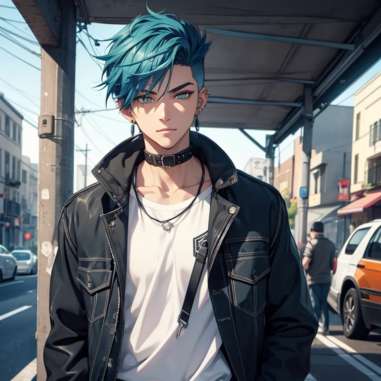 Young man, Blue hair in a wolf cut, green eyes, handsome, piercings, street style clothes