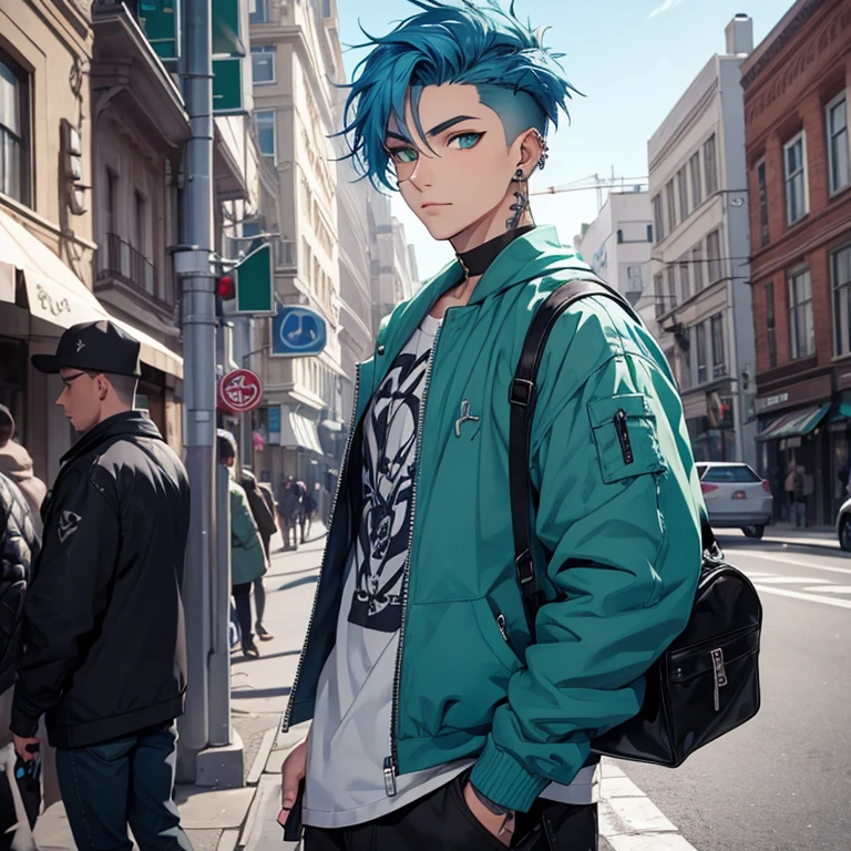 Young man, Blue hair in a wolf cut, green eyes, handsome, piercings, street style clothes