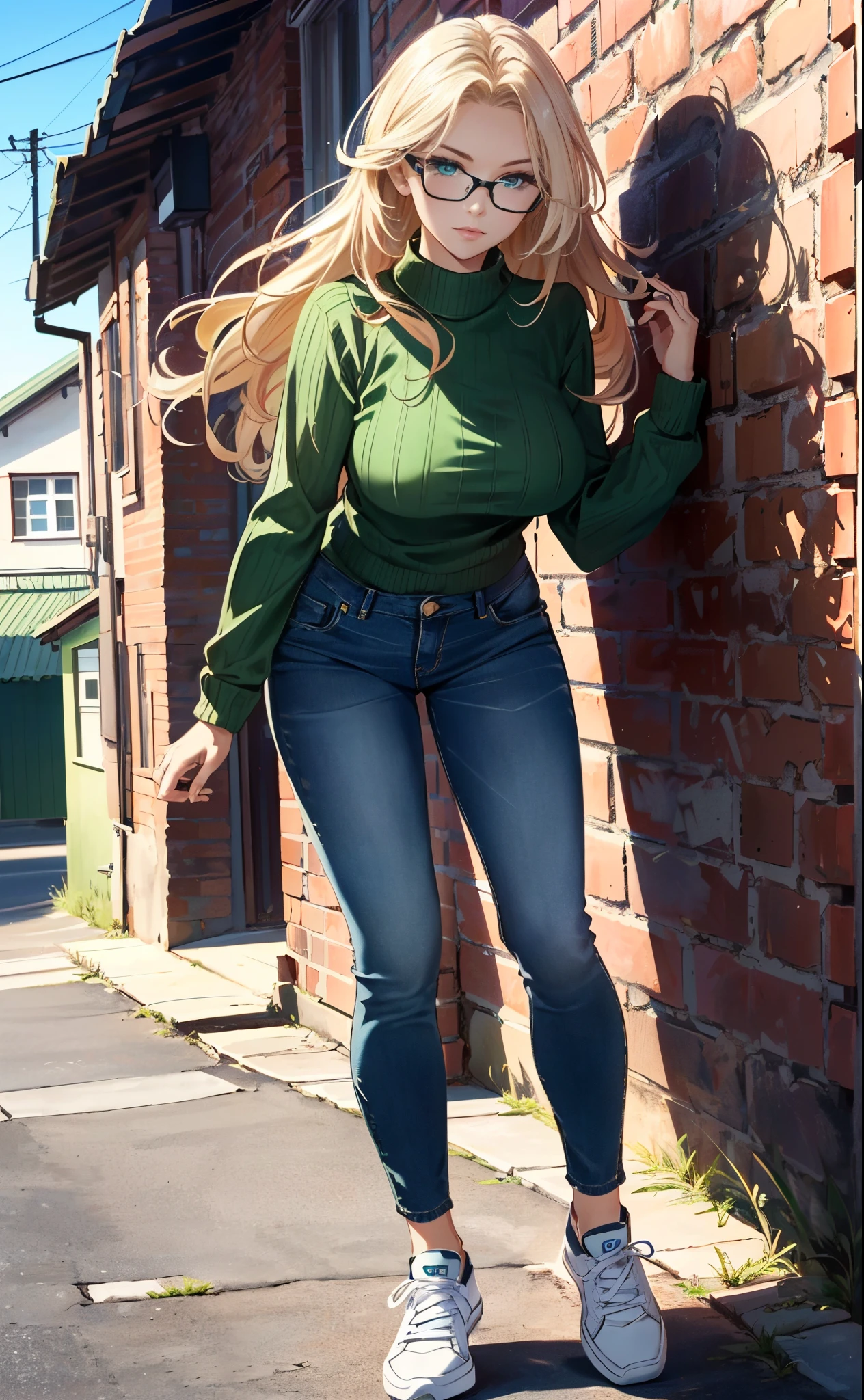 masterpiece, extremery magnificent view, perspective, extremery best quality, extremery detailed CG, 8k wallpaper, ultra high resolution, highly detailed face, highly detailed eyes, perfect anatomy, super detailed skin, not safe for work,
(dynamic angle, dynamic pose:1.2), outside, rural town, red wall, (portrait, legs focus, full body shot), (beautiful face, beautiful eyes, beautiful legs:1.3),
20-year-old girl, scandinavian, (blond hair:1.4), straight hair, forehead, blue eyes, black reading glasses:1.2, large breast (green sweater:1.4), skinny, wide hips, thin waist, (skinny blue denim pants:1.4), (white sneakers:1.4)