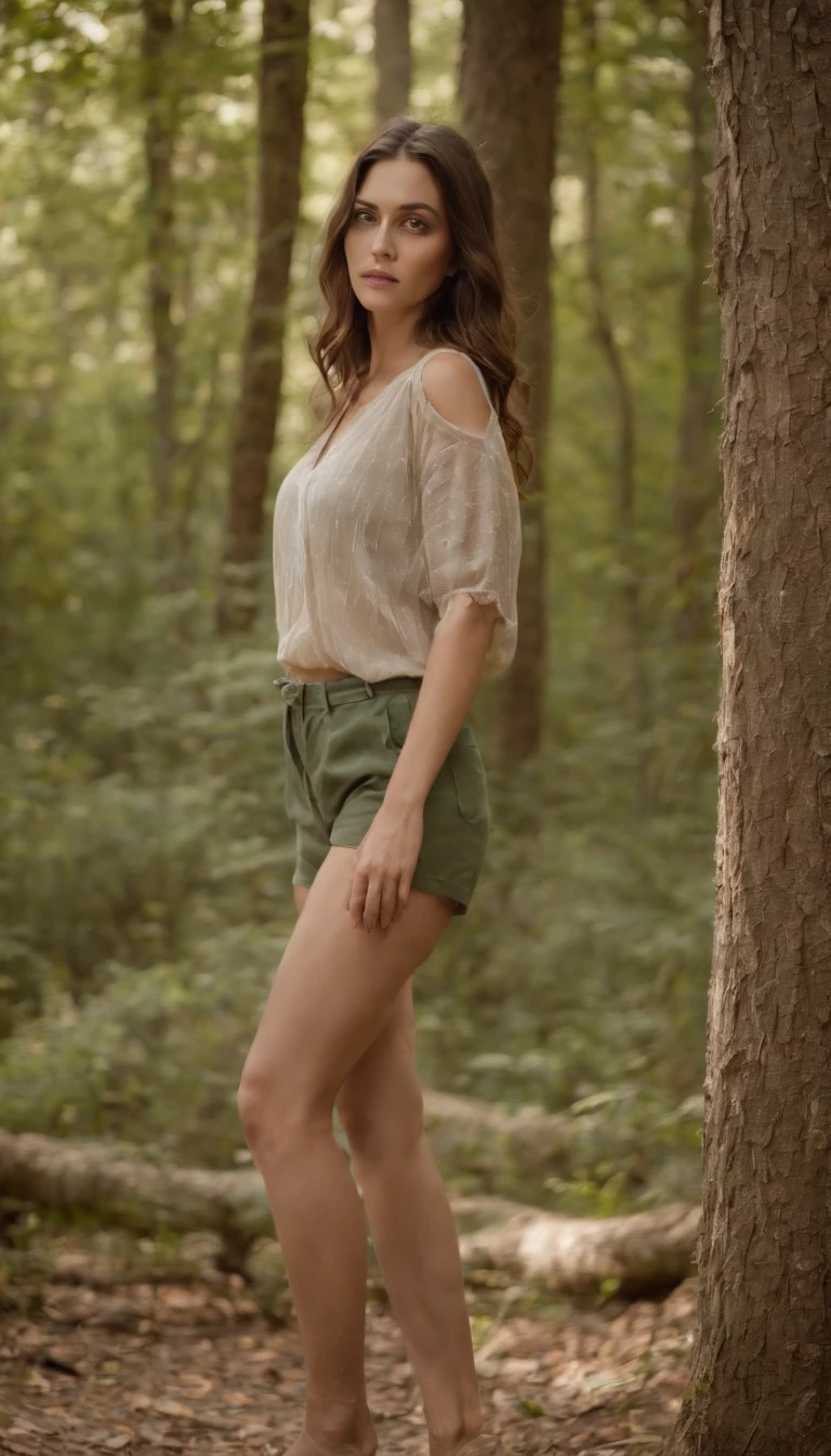 La misma modelo con una top y pantalones cortos ajustados, forest