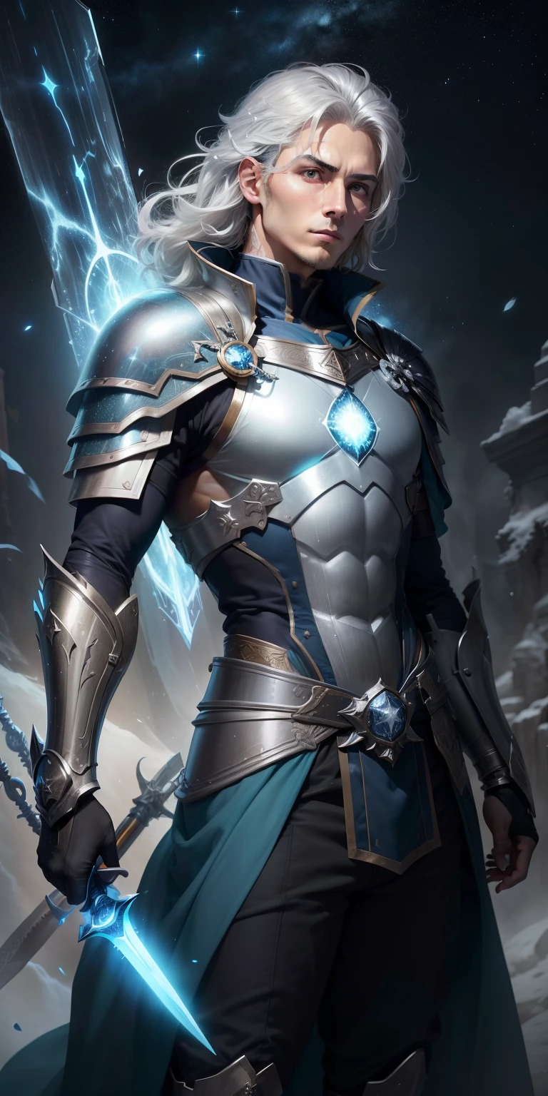 ((8K maximum resolution)), masterful illustration, Changes its appearance depending on the constellation、hero of mysterious light. Brilla con un tono azul intenseo y radiante. He wears long clothes, flowing robe of light, flowing like a river of stars. Su Rostro Sereno Tien Ojos Brillantes, Cells that control Fuerza's tombs, silver moon background, Desteros de Esterales、I have a great sword and a shield