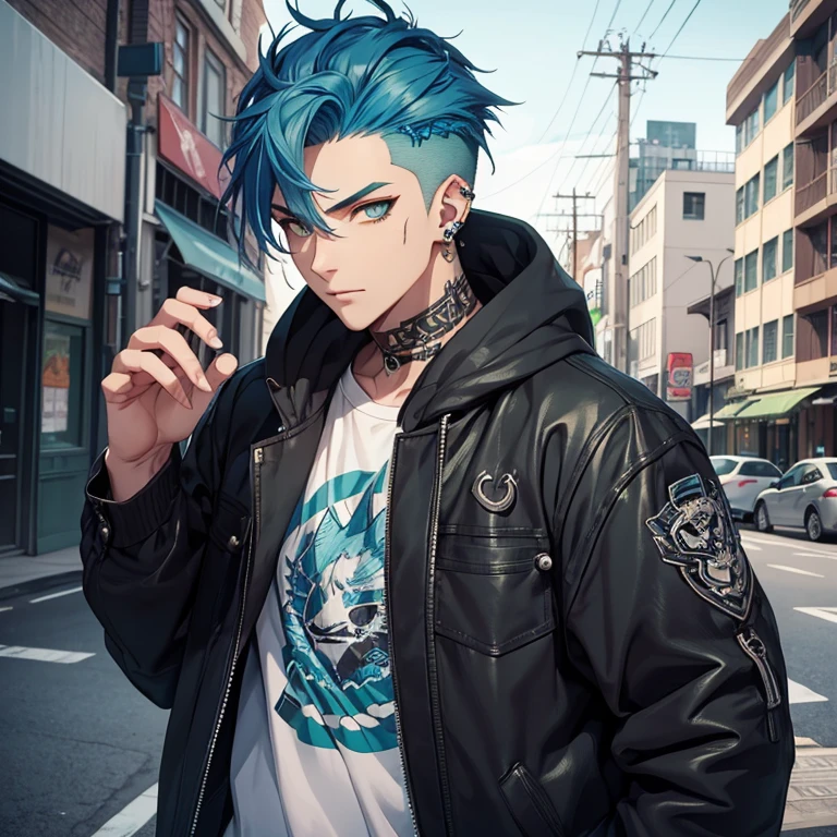Young man, Blue hair in a wolf cut, green eyes, handsome, piercings, street punk style clothes