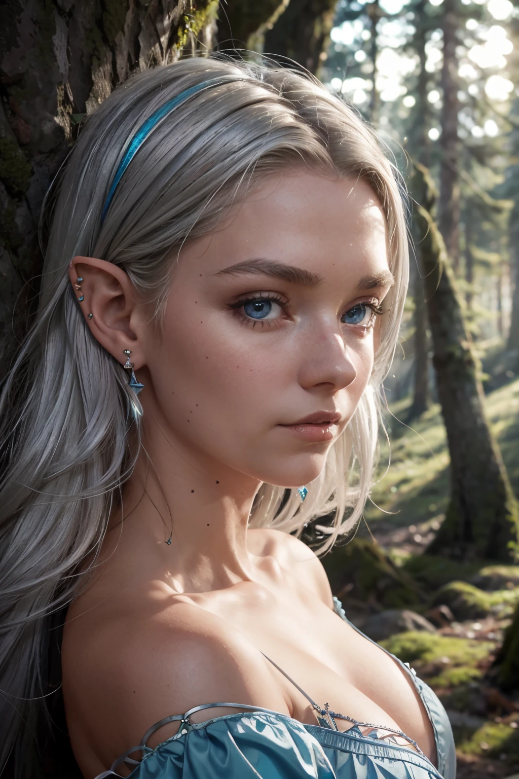 Portrait of a Swedish girl,Cute and beautiful face,elf,pointy ear,ear piercings,20yr old,Silver hair, Blue Dress,Fantasy,forest, Looking at Viewer, diffused soft lighting, Shallow depth of field, Sharp Focus, Cinematic lighting