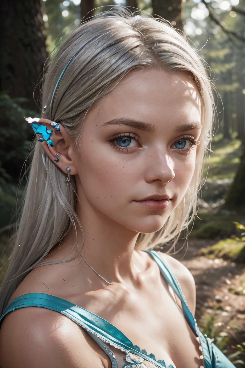 Portrait of a Swedish girl,Cute and beautiful face,elf,pointy ear,ear piercings,20yr old,Silver hair, Blue Dress,Fantasy,forest, Looking at Viewer, diffused soft lighting, Shallow depth of field, Sharp Focus, Cinematic lighting