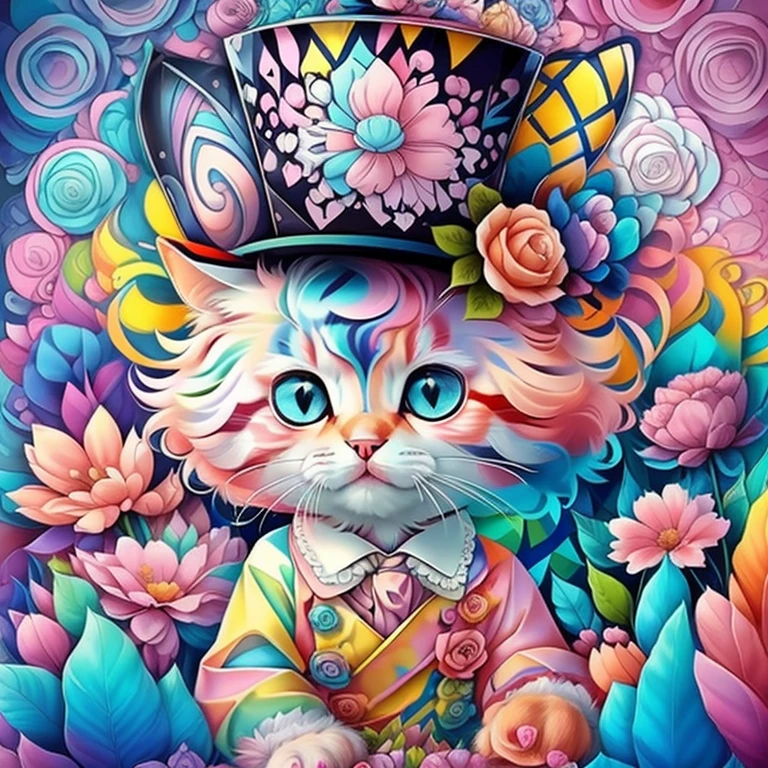 (cute cat with pink top hat with flowers),(melhor pose),(best angle), (better expression), Eduardo Kobra acolchoamento ,multidimensional geometric wall PORTRAIT, arte, Chibi,
Yang08k, lindo, Colouring,
Primary works, qualidade superior, melhor qualidade, Arte Oficial, Beautiful and Aesthetic, pelos coloridos,