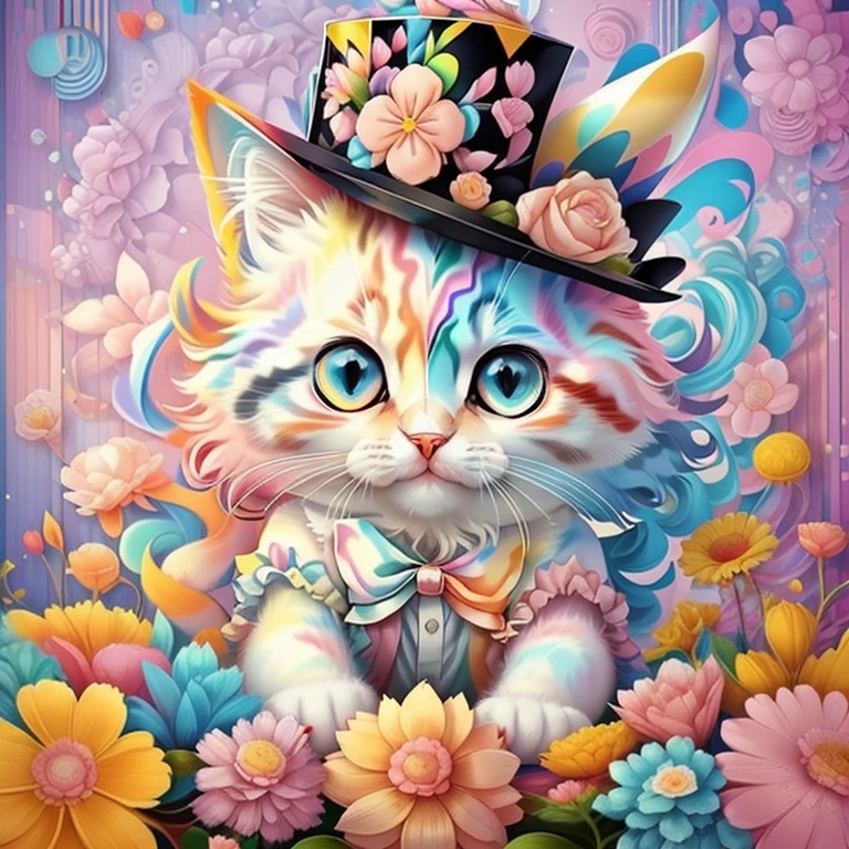 (cute baby cat with pink top hat with flowers),(melhor pose),(best angle), (better expression), Eduardo Kobra acolchoamento ,multidimensional geometric wall PORTRAIT, arte, Chibi,
Yang08k, lindo, Colouring,
Primary works, qualidade superior, melhor qualidade, Arte Oficial, Beautiful and Aesthetic, pelos coloridos,