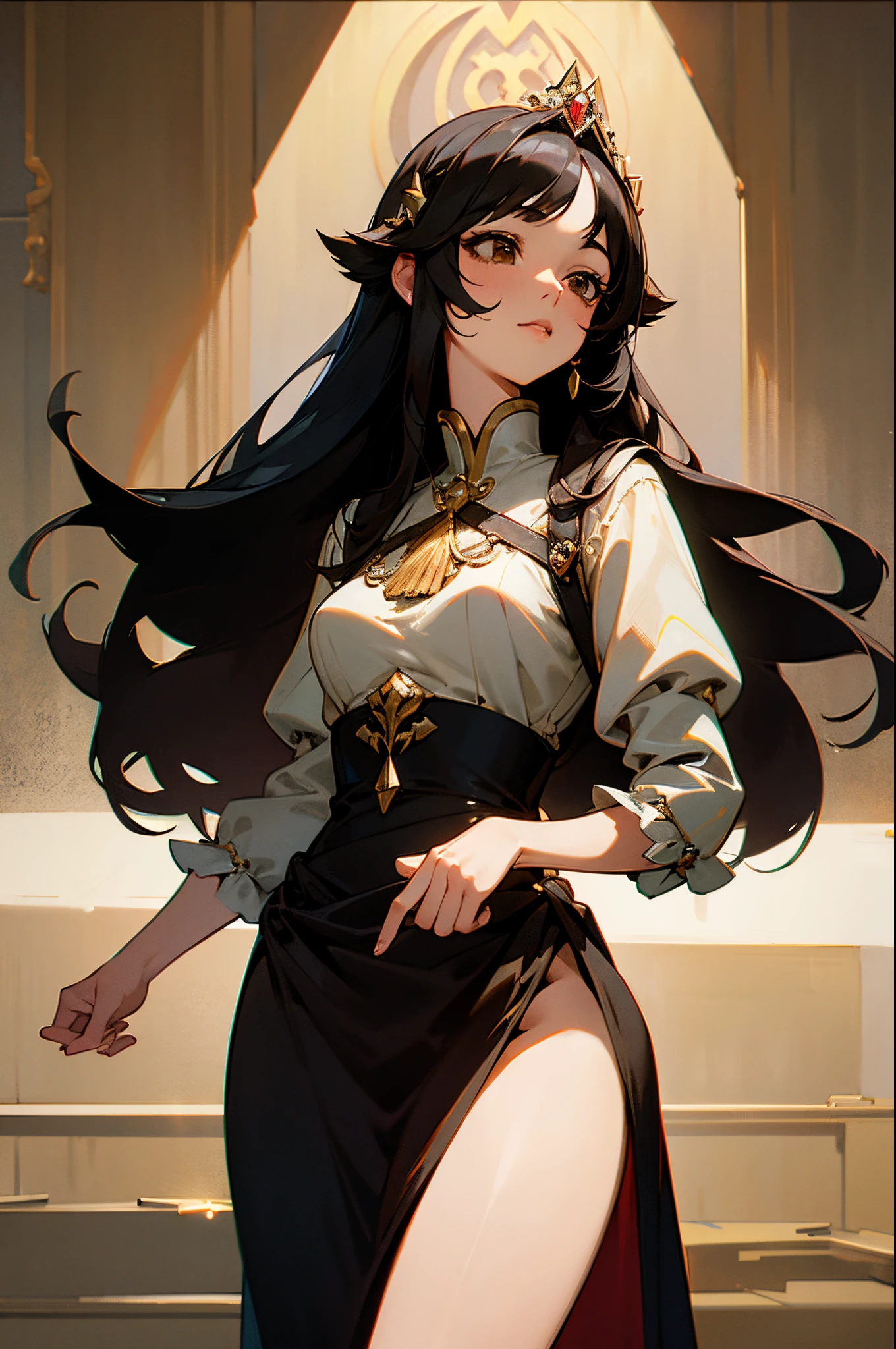 ((best quality)), ((masterpiece)), (detailed), fantasy princess, long black hair, brown eyes, from the waist up,