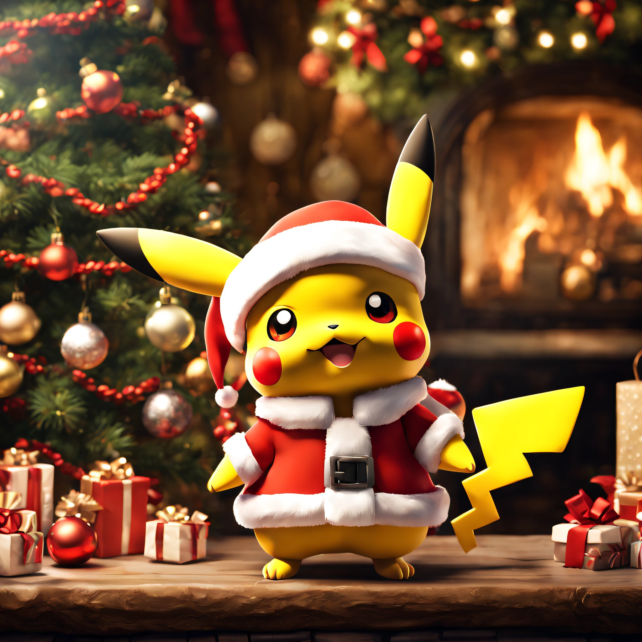 ((32k UHD, high detail, 16k HDR cinematic art)) Masterpiece in maximum 16K resolution, Pokémon style with an irresistibly cute approach, featuring Pikachu wearing an adorable Santa Claus costume in front of Santa's house. | Pikachu, in its extremely cute and sweet version, stands out in a Christmas scene filled with festive ornaments. Santa's house serves as a charming backdrop, complemented by the magical atmosphere and Christmas decorations. | The composition places Pikachu in the center of the foreground, in an adorable pose that adds an extra dose of sweetness to the scene. The perspective emphasizes Pikachu's cute expression and its joyful interaction with the Christmas environment. | Night lighting effects enhance the details of Pikachu's Santa Claus costume, creating a festive and welcoming atmosphere. | Charming scene of Pikachu wearing a Santa Claus costume in front of Santa's house, celebrating Christmas with irresistible cuteness. | He is adopting an extremely cute and adorable pose, displaying a festive smile and interacting sweetly with the Christmas setting. studio style photography, film grain sharp "style Fujifilm XT3"