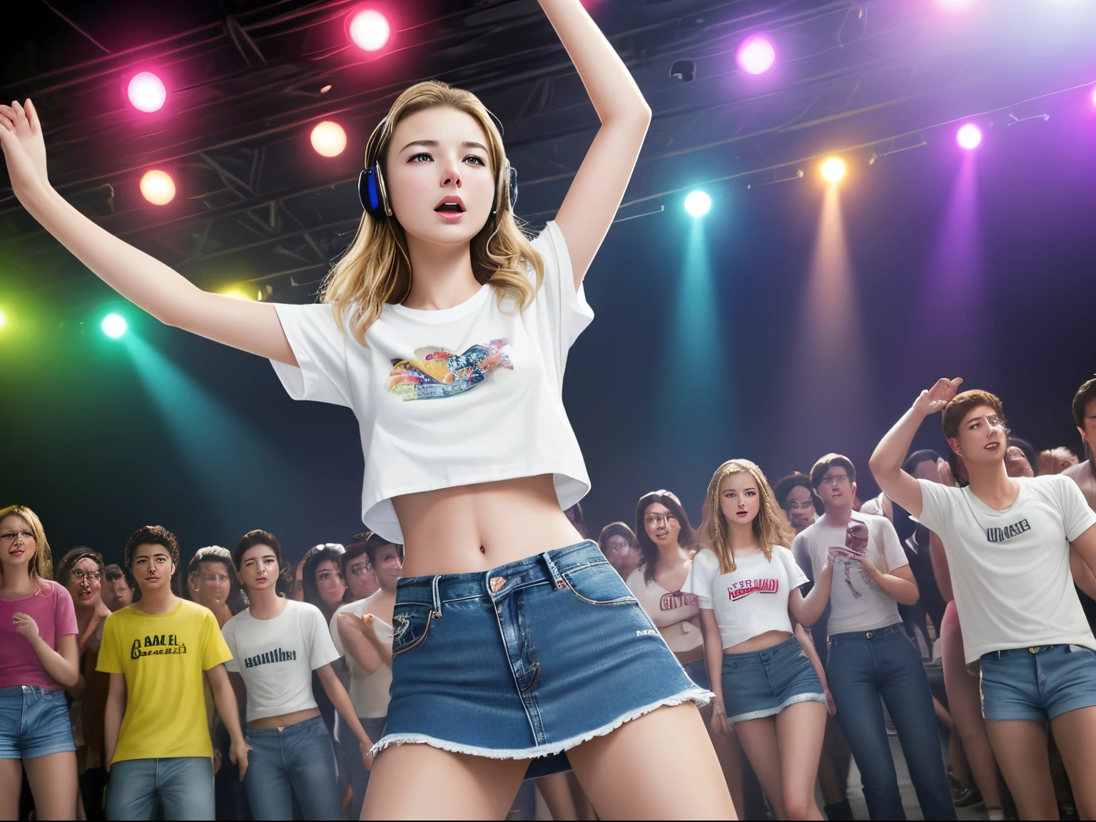 top quality 32k raw photo of 18-year-old Emily VanCamp wearing white T shirt and jeans skirt and headphone. navel look. she is on the disco stage dancing. colorful lights,