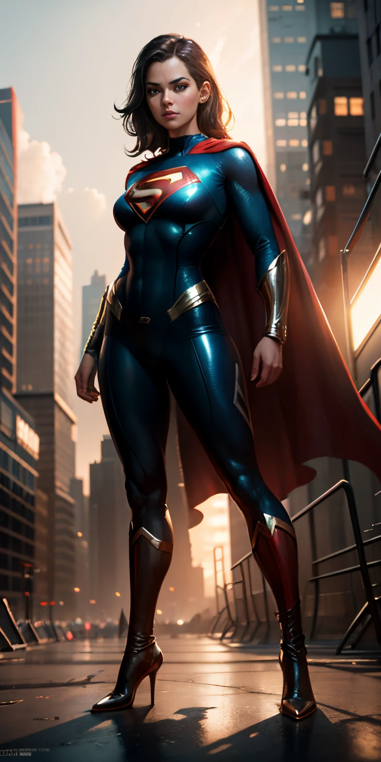 girl dressed as superman from DC, frontal, full-length, looking at the camera, facing the audience, standing pose, Gotham citybackground, three-dimensional light, detailed full-body concept, sleek digital concept art, beautiful full-body concept art, art trend, full-length CGsociety,