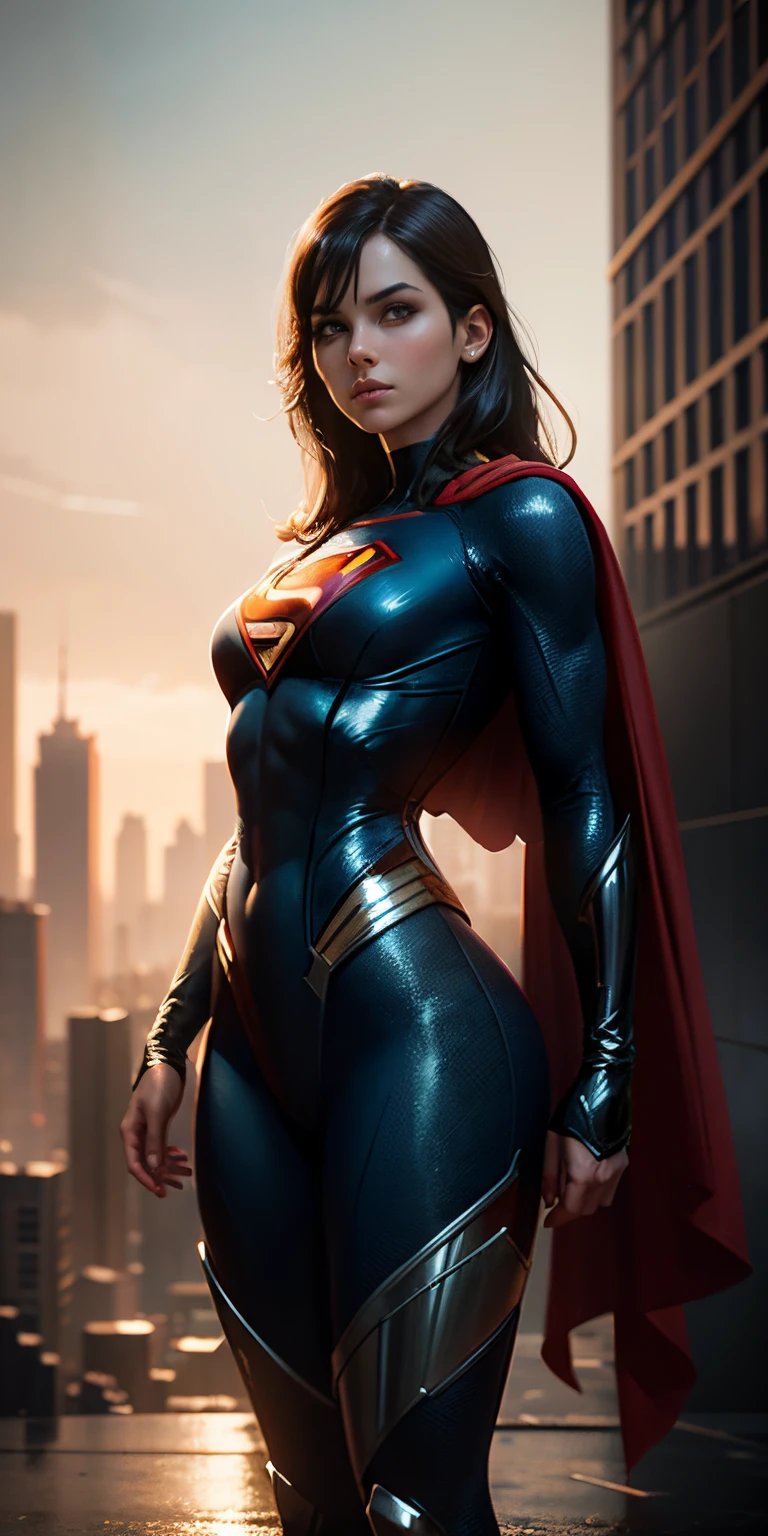 girl dressed as superman from DC, frontal, full-length, looking at the camera, facing the audience, standing pose, Gotham citybackground, three-dimensional light, detailed full-body concept, sleek digital concept art, beautiful full-body concept art, art trend, full-length CGsociety,