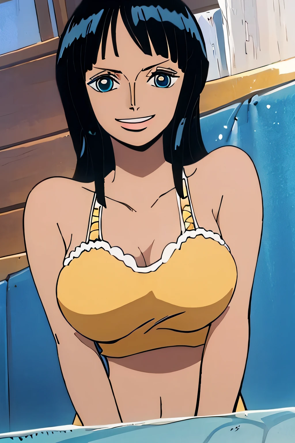 (Obra maestra),La mejor calidad,asombroso,Detalle fino,hermosos ojos detallados, Nico Robin, 1girl,hembra madura,feliz,sonrisa ligera, barriga, breasts, armpits, bathing, bath, blue eyes, big breasts, face, upper body, desnudo, nude