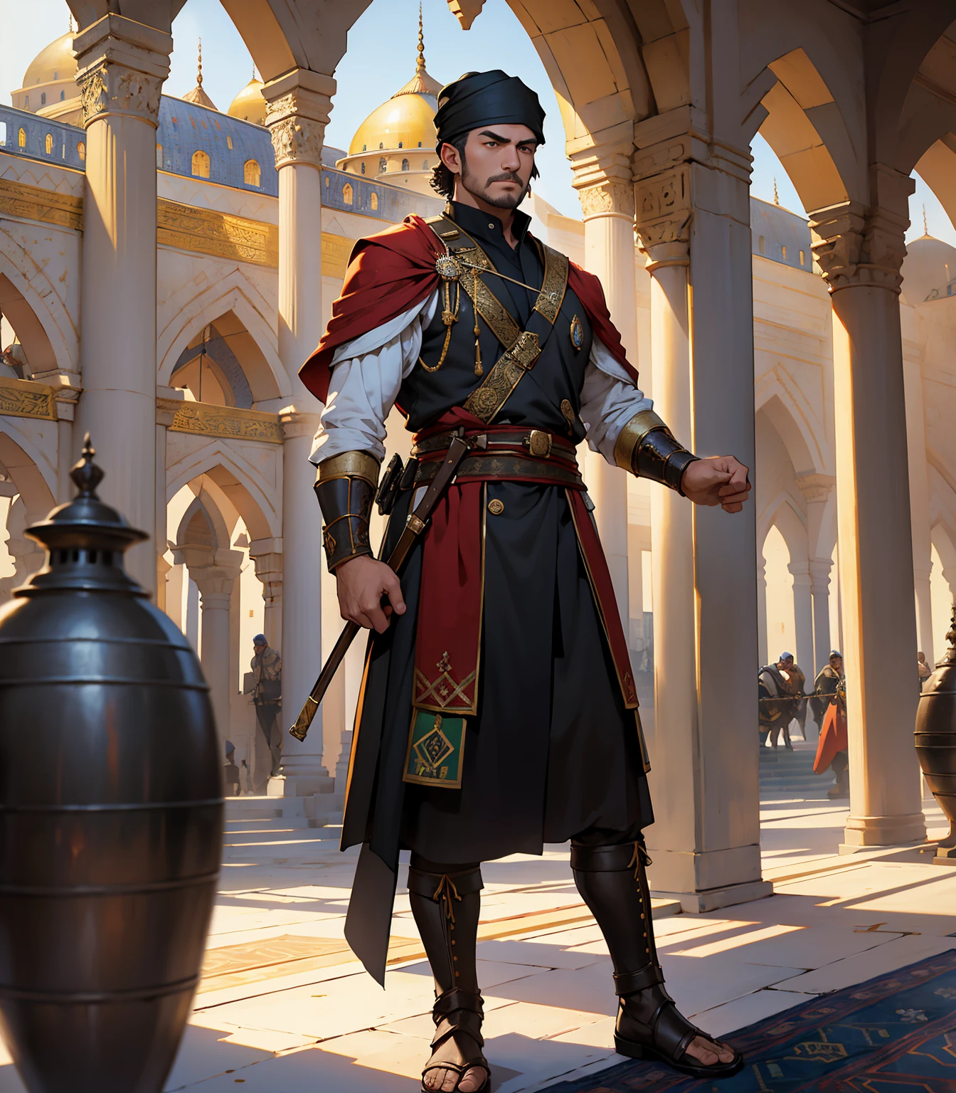 masterpiece, Best quality at best, Perfect work, 4K, Ottoman Turk Warrior(1人), Background with: Background with: Inside the mosque,Light shines in, braziers