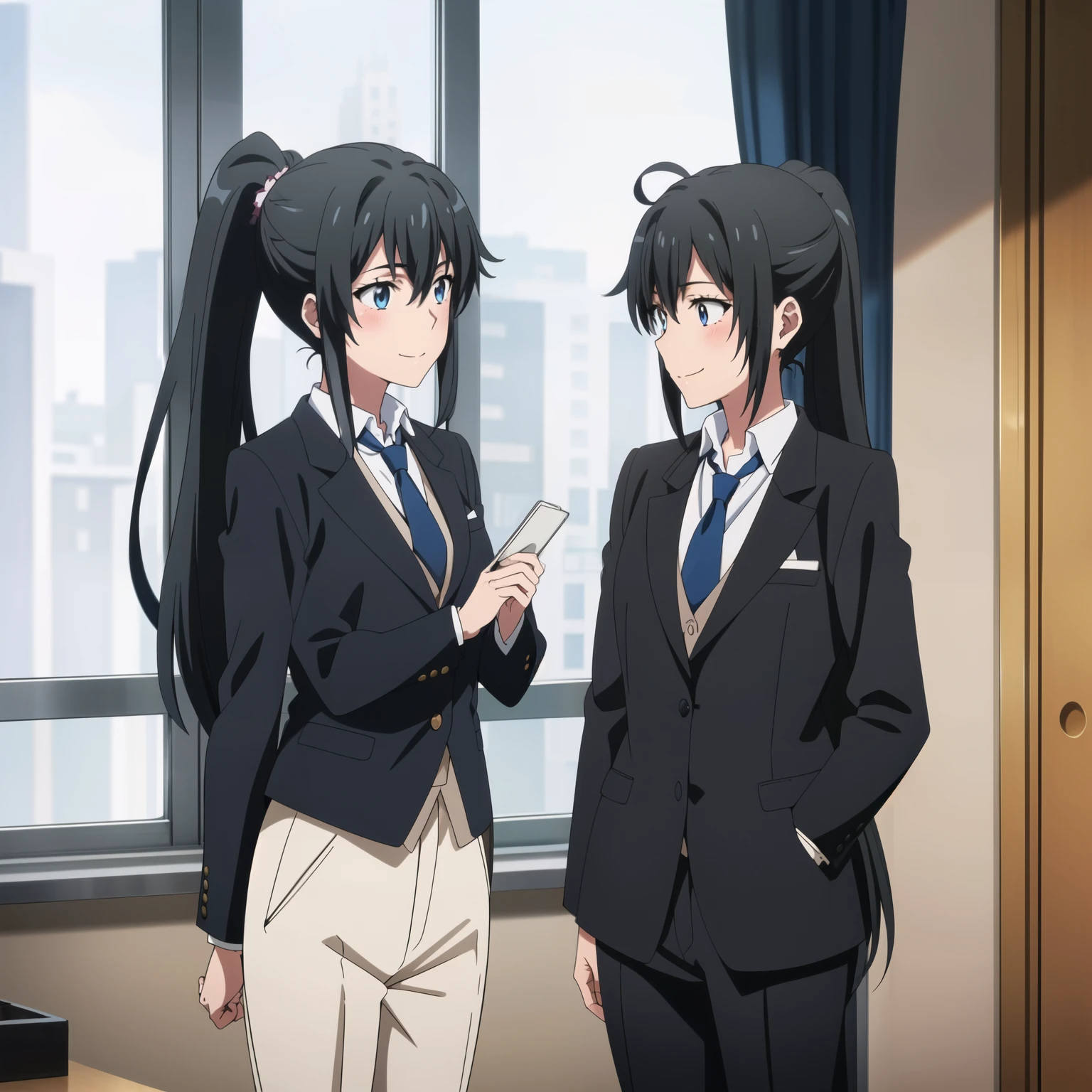 Yukinoshita Yukino wears a tuxedo coat, 1girl, Snafu anime, Female Butler, Elegant blue evening tie, collared shirt, bloomers, Black tail coat, Detailed background of the room, eyes blue, closed mouth, Smileing, Very sexy girl in suit and tie standing by the window, 1girl, 独奏, necktie, Black hair, eyes blue, long hair, smile, jacket, looking at the scenes, shirt, bloomers, blue necktie, collared shirt, white pants, white shirt, indoors, explosions, long-sleeved, closed mouth, window, black jacket, blush, cowboy shot, ceremonial, Yukinoshita Yukino suit, A woman in a black suit and blue tie is standing next to a windowsill, 1girl, 独奏, necktie, eyes blue, jacket, indoors, Black hair, smile, shirt, ponytail, bloomers, looking at the scenes, collared shirt, curtains, blue necktie, hand in pocket, window, black jacket, closed mouth, blush, ahoge, open vest, black trousers, explosions, white shirt, ceremonial, long hair, suit, long-sleeved, Open clothes Yukinoshita Yukino, A woman in a black suit and blue tie is standing next to a windowsill, 1girl, 独奏, necktie, eyes blue, jacket, indoors, Black hair, smile, shirt, ponytail, bloomers, looking at the scenes, collared shirt, curtains, blue necktie, hand in pocket, window, black jacket, closed mouth, blush, ahoge, open vest, black trousers, explosions, white shirt, ceremonial, long hair, suit, long-sleeved, A uniformed open-dress lady stands in a large gap in the room, 1girl, 独奏, necktie, Black hair, eyes blue, long hair, smile, jacket, looking at the scenes, shirt, bloomers, blue necktie, collared shirt, white pants, white shirt, indoors, explosions, long-sleeved, closed mouth, window, black jacket, blush, cowboy shot, ceremonial, Suit Yukinoshita Yukino wears a tuxedo coat, 1girl, Snafu anime, Female Butler, Elegant blue evening tie, collared shirt, bloomers, Black tail coat, Detailed background of the room, eyes blue, closed mouth, Smileing