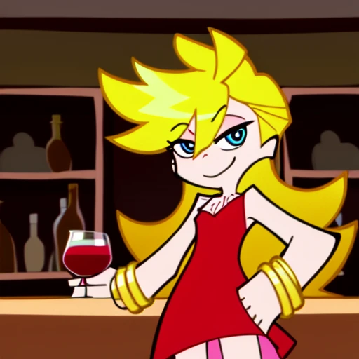 Panty Anarchy, Long Hair, Blonde Hair, Blue Eyes, Light Smile, Bare Neck, Bare Shoulders, Little RedDress, Short Red Dress, Golden bracelet, Sexy Poses, Bar Background.