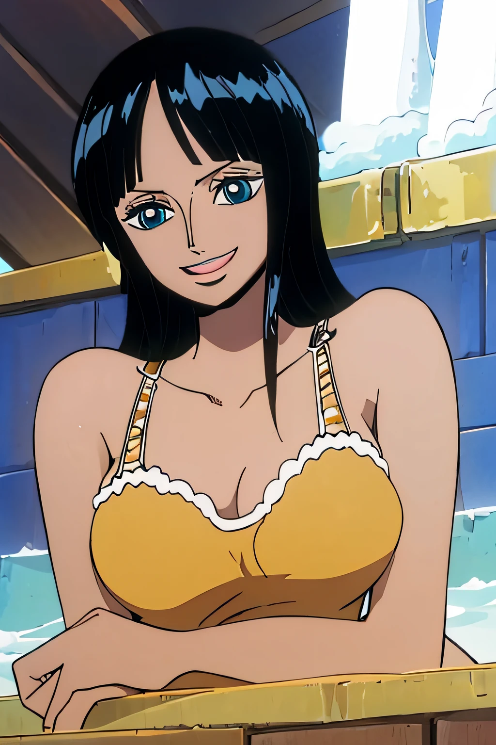 (Obra maestra),La mejor calidad,asombroso,Detalle fino,hermosos ojos detallados, Nico Robin, 1girl,hembra madura,feliz,sonrisa ligera, barriga, breasts, armpits, bathing, bath, blue eyes, big breasts, face, upper body, desnudo, nude