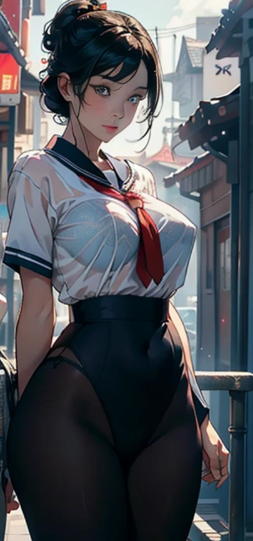 1womanl,45 yers old,married woman,A MILF,plumw,very Bigger breasts, 独奏,(Background with:Ponds,cherry blossom forest,The lotus flowers)standing on your feet, She has short black hair,Seen from the front,, Mostly cloudy sky,(((tmasterpiece),(Very detailed CG Unity 8K wallpaper),best qualtiy,cinmatic lighting,细致Background with,beatiful detailed eyes,Bright pupils,Black eyes,Snow White skin,red rip(Very fine and beautiful),(Beautiful and detailed eyes description),ultra - detailed,tmasterpiece,))facing at camera,hight resolution,ultra - detailed),Revealing breasts,Genital only, Bulge,legs are open,Raised sexy,Camel toes,Desire for dissatisfaction,frontage,navy,,(Wearing:See-through school uniform,Transparent sailor suit,Bare ,)
