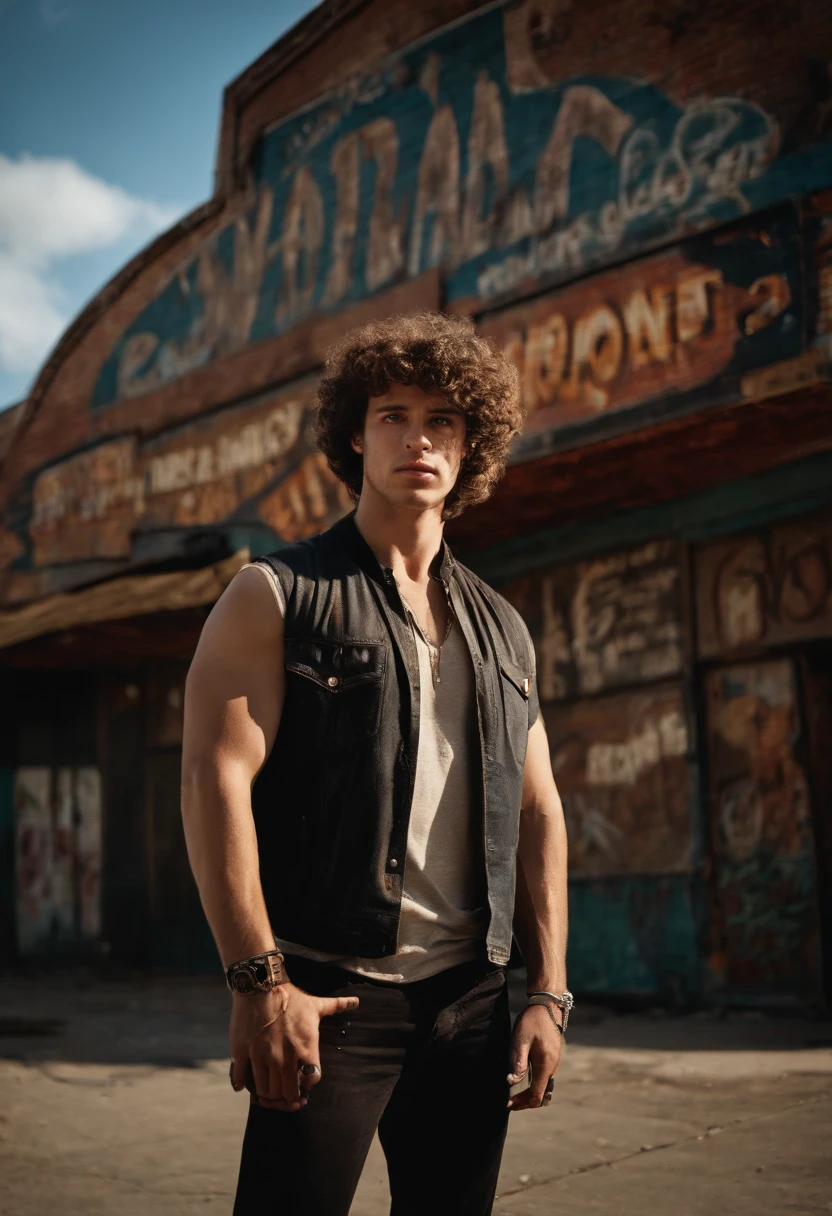 The image is of Marcus standing in front of a rundown, abandoned theater, holding a vintage camera and snapping a picture of the graffiti-covered marquee.,original,Marcus has curly brown hair, brown eyes, various scars from getting into fights, famously portrayed by Benjamin Wadsworth, male