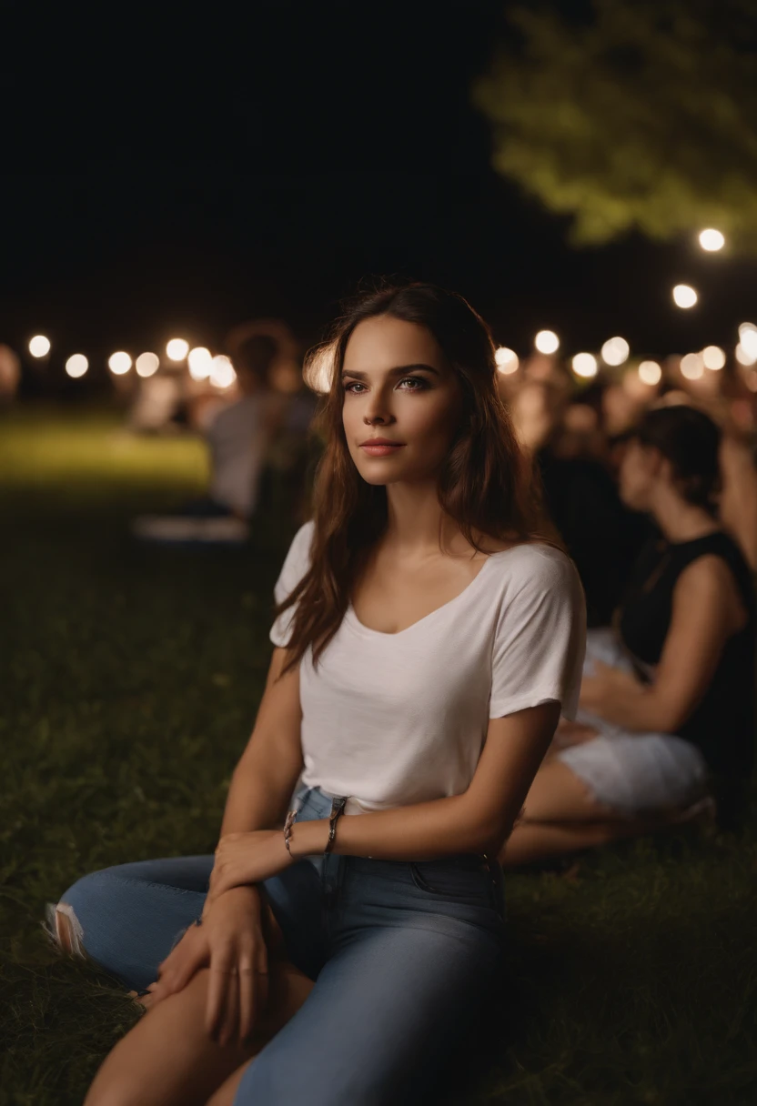 A photo of her and her friends enjoying a movie screening under the stars in the park,original,She is a petite brunette with brown eyes. She is very beautiful and realistic looking. She is pale and wears tshirts, female