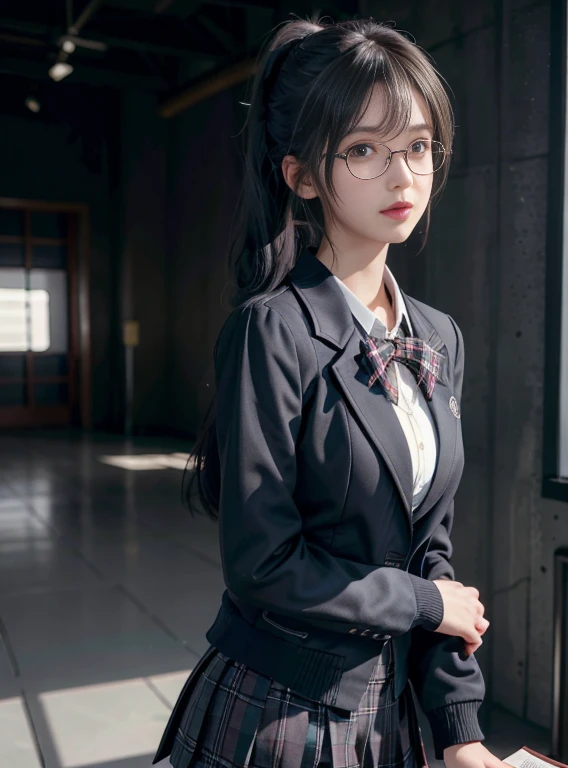 KR-PNY, Ridiculously long ponytail, Parted bangs, 1girll, School uniform, Dark grey open jacket, Dark grey blazer, Pleated skirt, plaid skirts, circle-glasses, Reading a book, Shy and quiet girl, Look into the distance, very detail hair, intricate detailes, masutepiece, Best Quality, Upper body, Realistic,