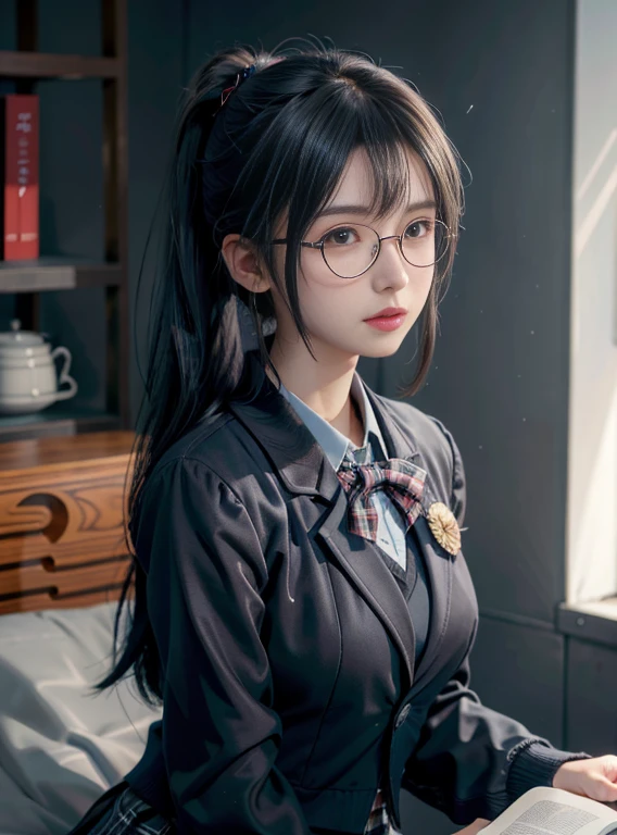 KR-PNY, Ridiculously long ponytail, Parted bangs, 1girll, School uniform, Dark grey open jacket, Dark grey blazer, Pleated skirt, plaid skirts, circle-glasses, Reading a book, Shy and quiet girl, Look into the distance, very detail hair, intricate detailes, masutepiece, Best Quality, Upper body, Realistic,