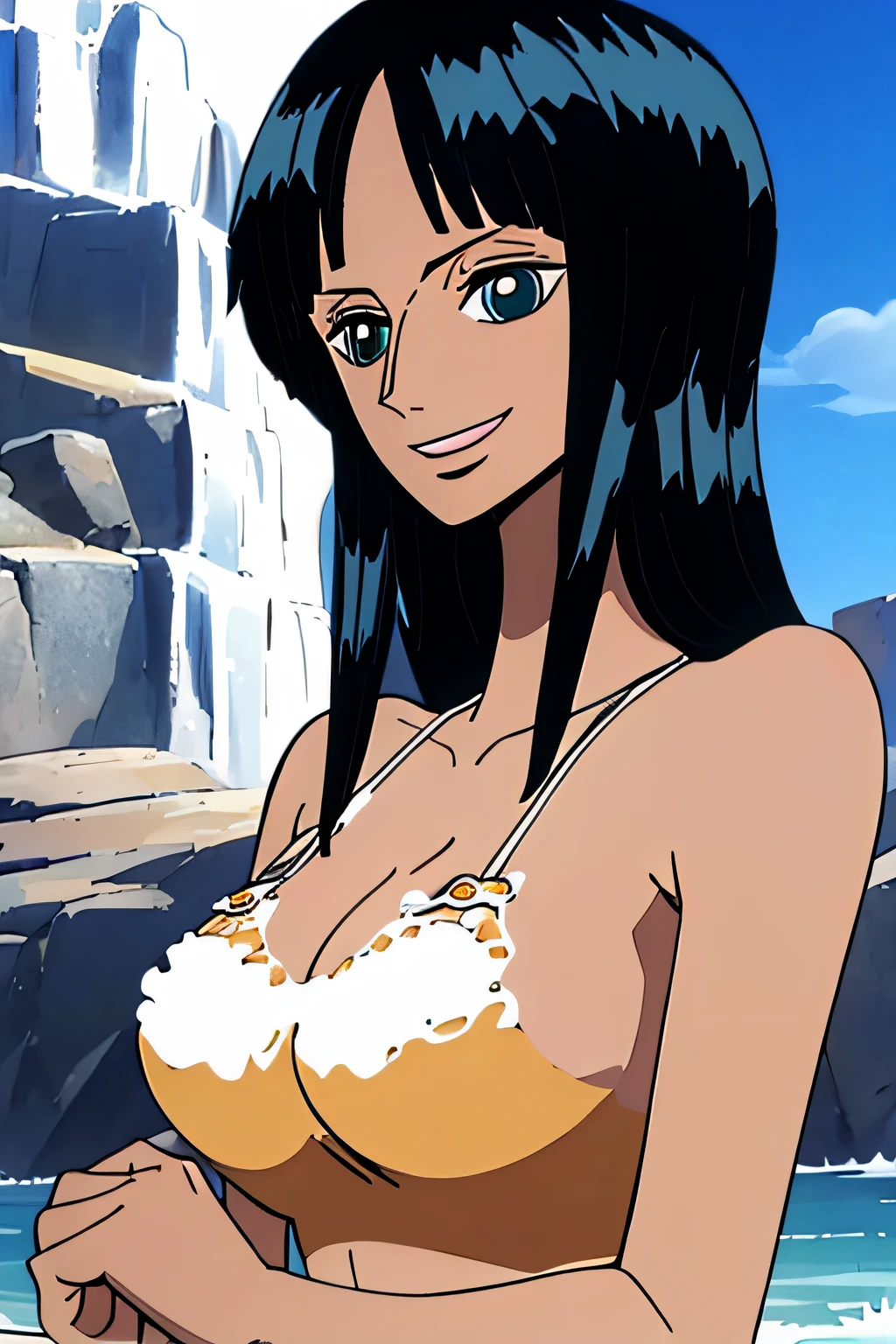 (Obra maestra),La mejor calidad,asombroso,Detalle fino,hermosos ojos detallados, Nico Robin, 1girl,hembra madura,feliz,sonrisa ligera, barriga, breasts, armpits, bathing, bath, blue eyes, big breasts, face, upper body, desnudo, nude