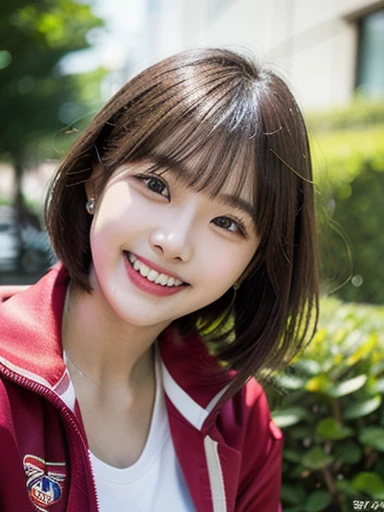 (masterpiece, best quality, photo realistic, official art:1.4), (UHD, 8K quality wallpaper, High resolution, raw photo, film grain:1.2), (shiny skin), professional lighting, physically-based rendering, Award-winning, highly detailed skin, (extremely detailed face and eyes, clear pupils), Carl Zeiss 85 mm F/1.4, depth of field, BREAK, 1girl, solo, kawaii 24-year-old Korean girl, (Nogizaka idol:0.7), (Korean idol:0.9), (glossy brown hair, pixie cut, blunt bangs:1.3), rounded face, single eyelid, (splash laughing:1.3), (wearing track suits, track jackets:1.3), (track pants:0.7), (breasts emphasized, well shaped medium breasts), (looking at viewer), BREAK, at a garden in a school, summer daytime, warm sunlight, (seductive posing, dynamic angle:1.3), breasts focus, upper body shot,