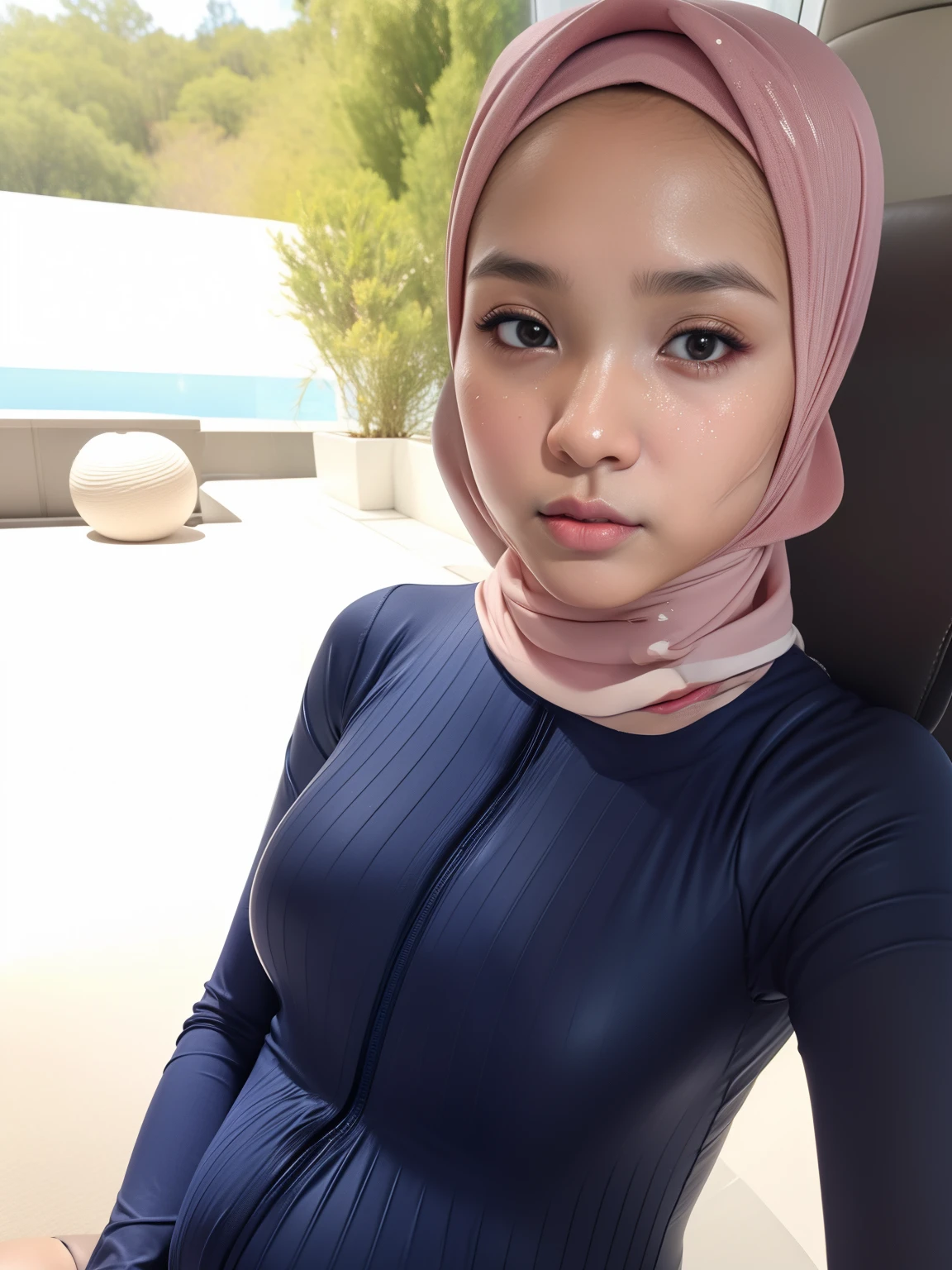 HIJAB MALAY GIRL, masutepiece, High quality, UHD 32K, Realistic face, Realistic skin feeling , A Japanese Lady, 8 , Little Gite and baby-like face, Women's Competition One-Piece Swimsuit, Sitting, itting open legs, Spread Leg, (((facials))), (((Sadness))), (((heavy pregnancy))), (((flat chest))),