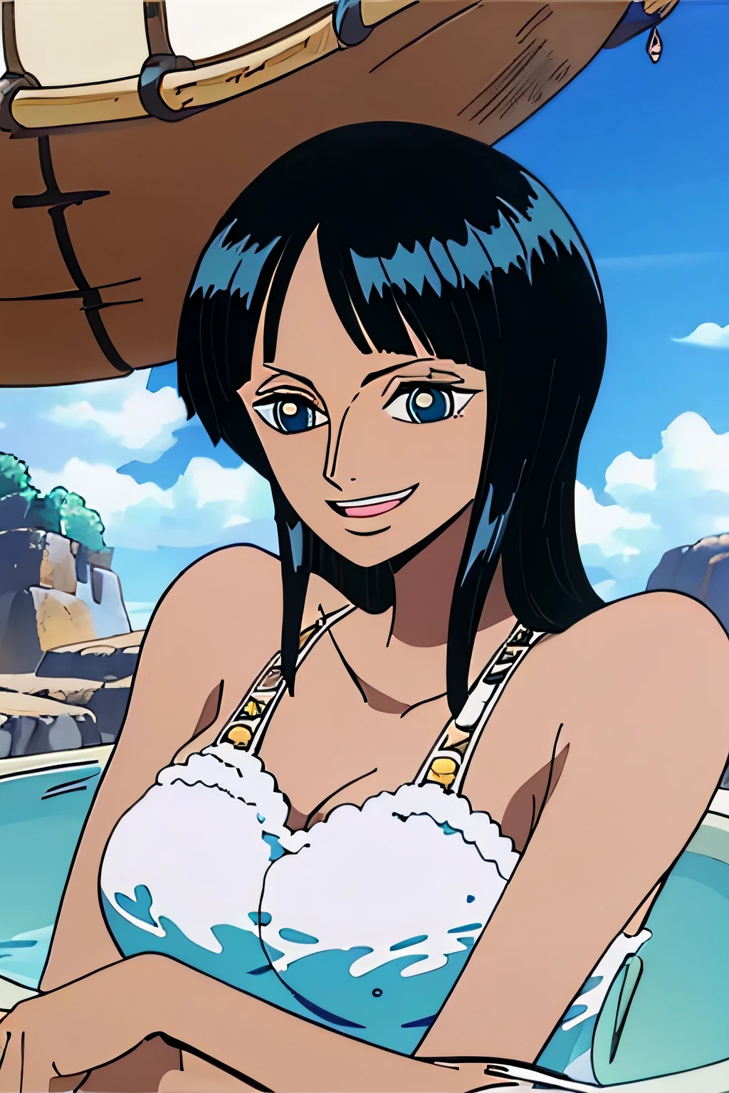 (Obra maestra),La mejor calidad,asombroso,Detalle fino,hermosos ojos detallados, Nico Robin, 1girl,hembra madura,feliz,sonrisa ligera, barriga, breasts, armpits, bathing, bath, blue eyes, big breasts, face, upper body, desnudo, nude, belly