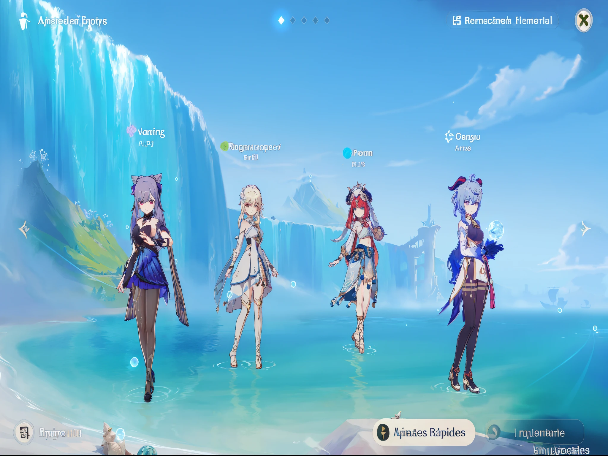Theme: Camp
Specific requests: None
Character Base: Lumine, keqing, Nilou, ganyu from Genshin Impact
A pale-skinned young woman with long white hair sits by the campfire. Her hair is down, parted to one side, wispy bangs framing her aquamarine eyes. A simple white robe flows over her form as she gently strums a lyre, playing a calming melody.
Nearby, a tan-skinned girl with short blue-black hair tied into a side ponytail hand-feeds crumbs to colorful birds that land in her open palm. Her sharp amber eyes smile as the birds chirp happily. She wears a sleeveless black vest and shorts, with tabi boots.
Under the trees, a darker-skinned girl sits cross-legged, eyes closed as rose petals swirl around her in a mesmerizing dance. Her long brown hair flows loose down her back, wisps of curls framing her peaceful face. An ornate blue and gold lehenga choli hugs her curves.
Beside the lake, a pale woman gazes out at the moonlit water, illuminated by its soft glow. Her long white hair flows down her back, adorned with intricate flowers and amber jewels. Her doe-like brown eyes behold the scenic view as she holds her bow at her side, ready to summon magical arrows at a moment's notice. She wears a sleeveless qipao dress that brushes the ground, embroidered with mystical motifs.
The four enjoy a calm respite together by the campfire under the open sky.
