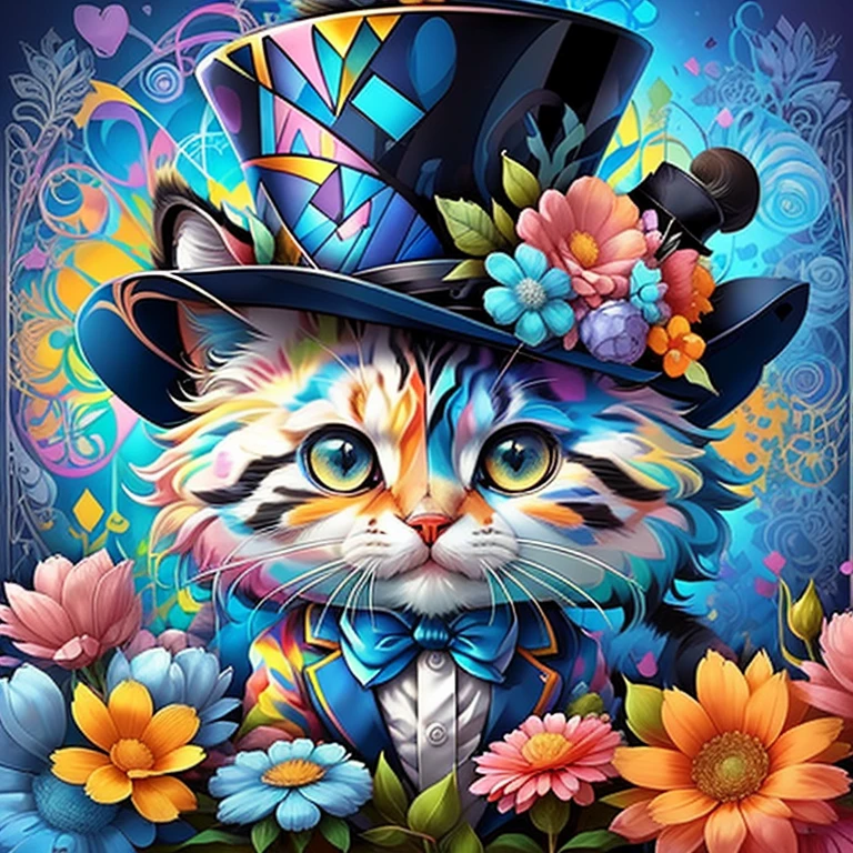 (cute baby cat with blue top hat with flowers),(melhor pose),(best angle), (better expression), Eduardo Kobra acolchoamento ,multidimensional geometric wall PORTRAIT, arte, Chibi,
Yang08k, lindo, Colouring,
Primary works, qualidade superior, melhor qualidade, Arte Oficial, Beautiful and Aesthetic, pelos coloridos,