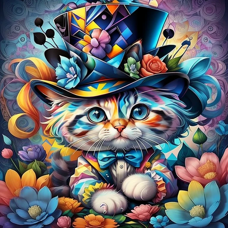 (cute baby cat with blue top hat with flowers),(melhor pose),(best angle), (better expression), Eduardo Kobra acolchoamento ,multidimensional geometric wall PORTRAIT, arte, Chibi,
Yang08k, lindo, Colouring,
Primary works, qualidade superior, melhor qualidade, Arte Oficial, Beautiful and Aesthetic, pelos coloridos,