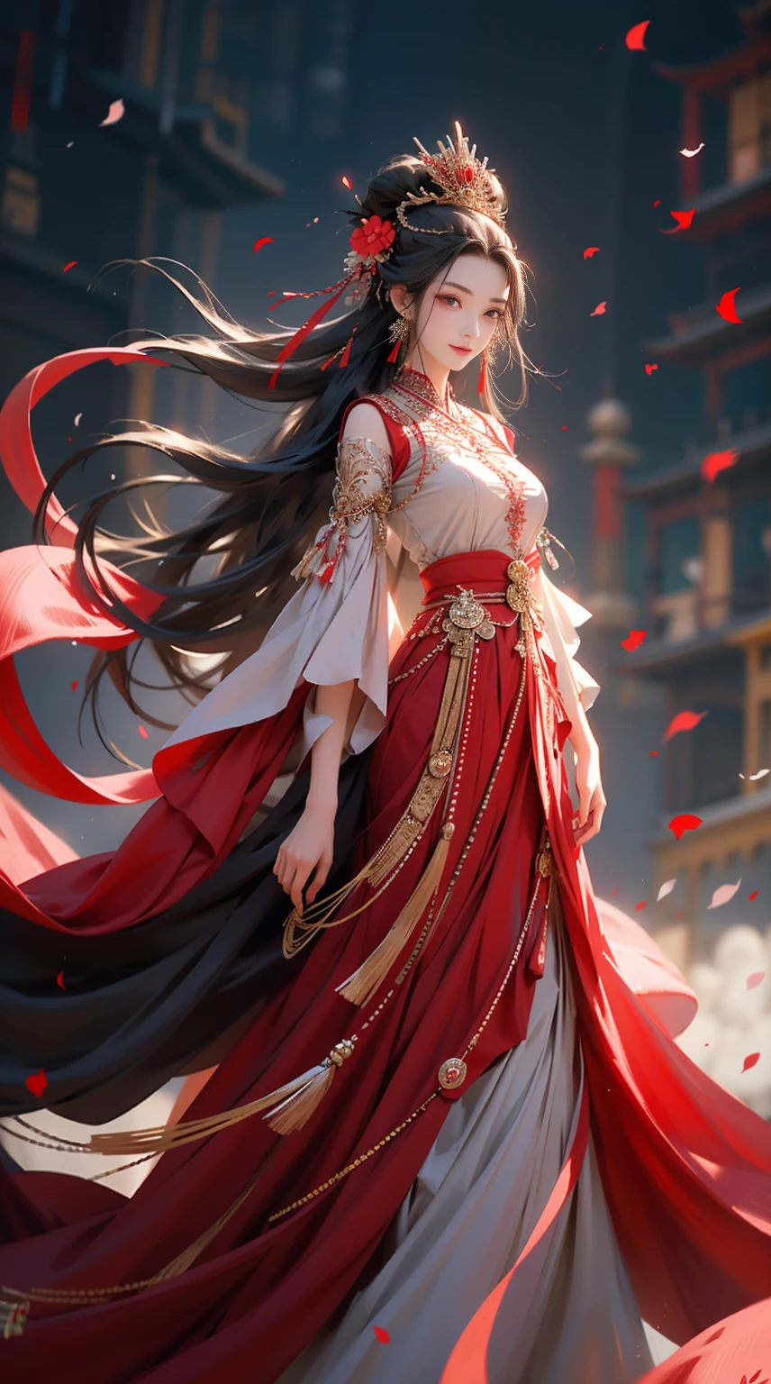 1 busty girl, Alone, Long gray hair, petals, falling flower petals, jewely, a skirt, hair adornments, Red dress, Chinese clothes, black hair color hair, bangle, longer sleeves, red eyes, woven, Forehead imprints, close your mouth, looking at viewert, Traces of smile on face,Nice face,exquisite facial features,