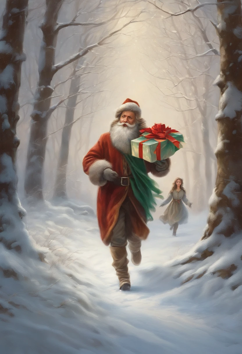 Draw a picture in the style of a winter evening fairy tale, somewhere in a snowy winter forest. One person is carrying a gift and running, with dozens of people chasing after him