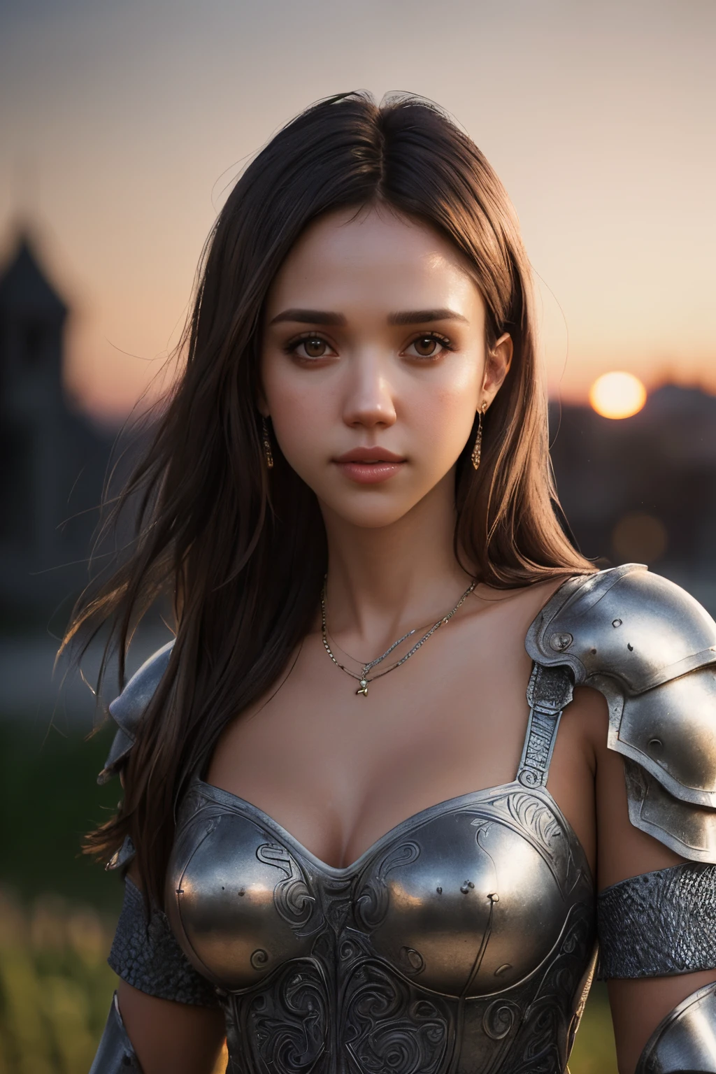 (Masterpiece), (extremly intricate:1.3), (Realistic), Portrait Of Girl(Jessica Alba), The most beautiful in the world, (Medieval Armor), Metallic reflections, upper-body, exteriors, intense sunlight, far away castle, Professional photography of a stunning woman in detail, sharp-focus, dramatic, award winning, Cinematic lighting, Unreal Engine octane render, Volumetrics DTX, (Film grain, blurred background, blurry foreground, bokeh, Depth of field, Sunset, Motion blur:1.3), chainmail