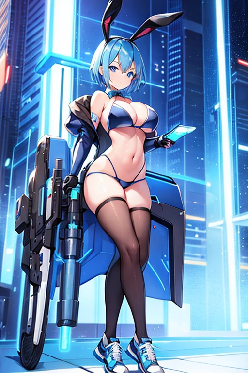 1girl, blue hair, large breasts, bunny ears, rabbit ears, wide hips, blue eyes, short hair, very short hair, science-fiction, tech, futuristic, machinery, full body, neon trim, bikini, black bikini, light smile, shoes, sneakers, blue trim, car, sports car, sport car