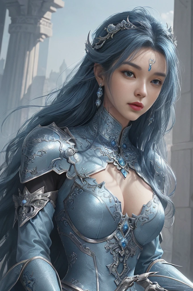 a close up of a woman in a silver and blue dress, chengwei pan on artstation, by Yang J, detailed fantasy art, stunning character art, fanart best artstation, epic exquisite character art, beautiful armor, extremely detailed artgerm, detailed digital anime art, artgerm on artstation pixiv, armor girl