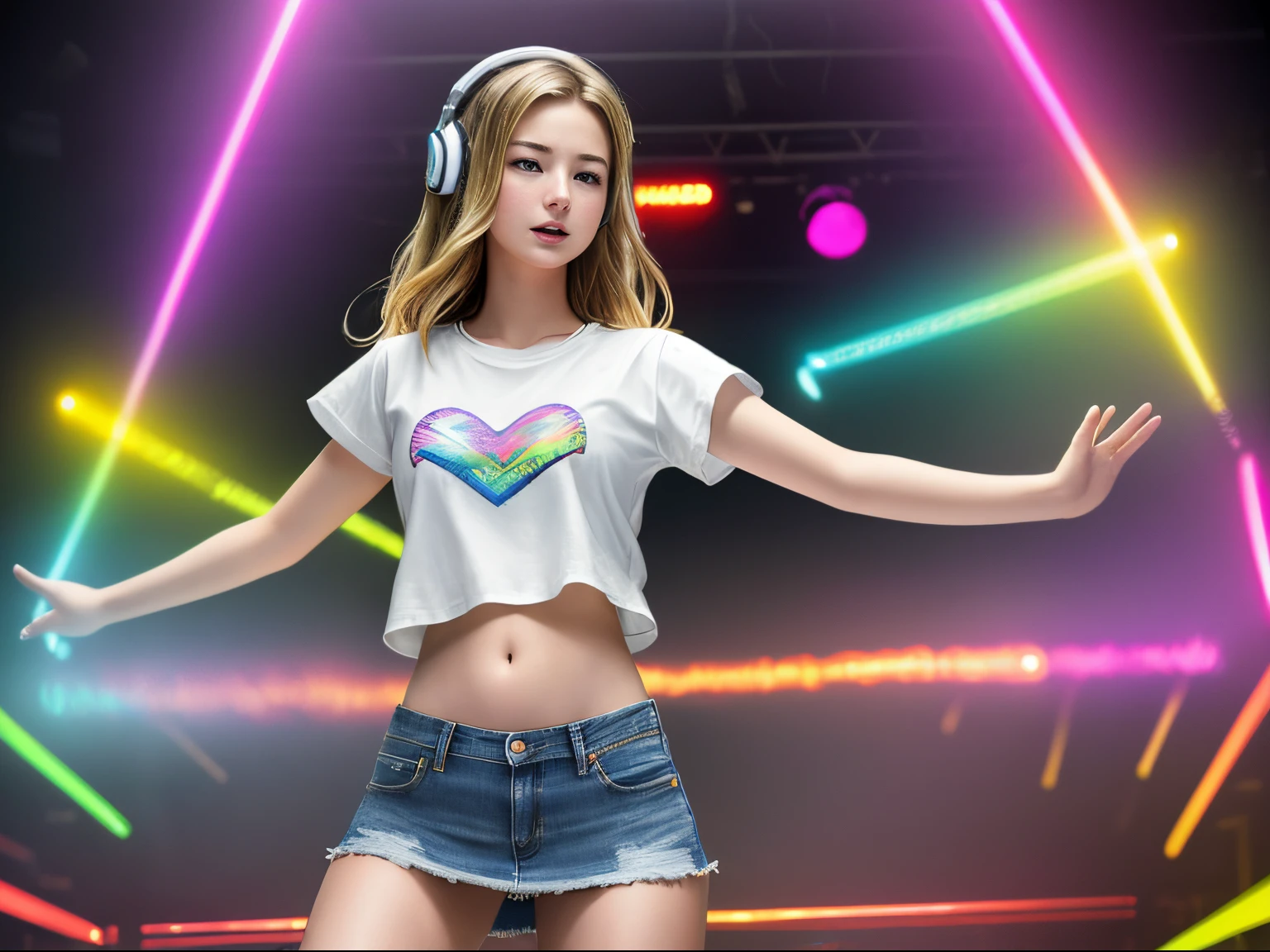 top quality 32k raw photo of 18-year-old Emily VanCamp wearing white T shirt and jeans skirt and headphone. navel look. she is on the disco stage dancing. colorful lights,