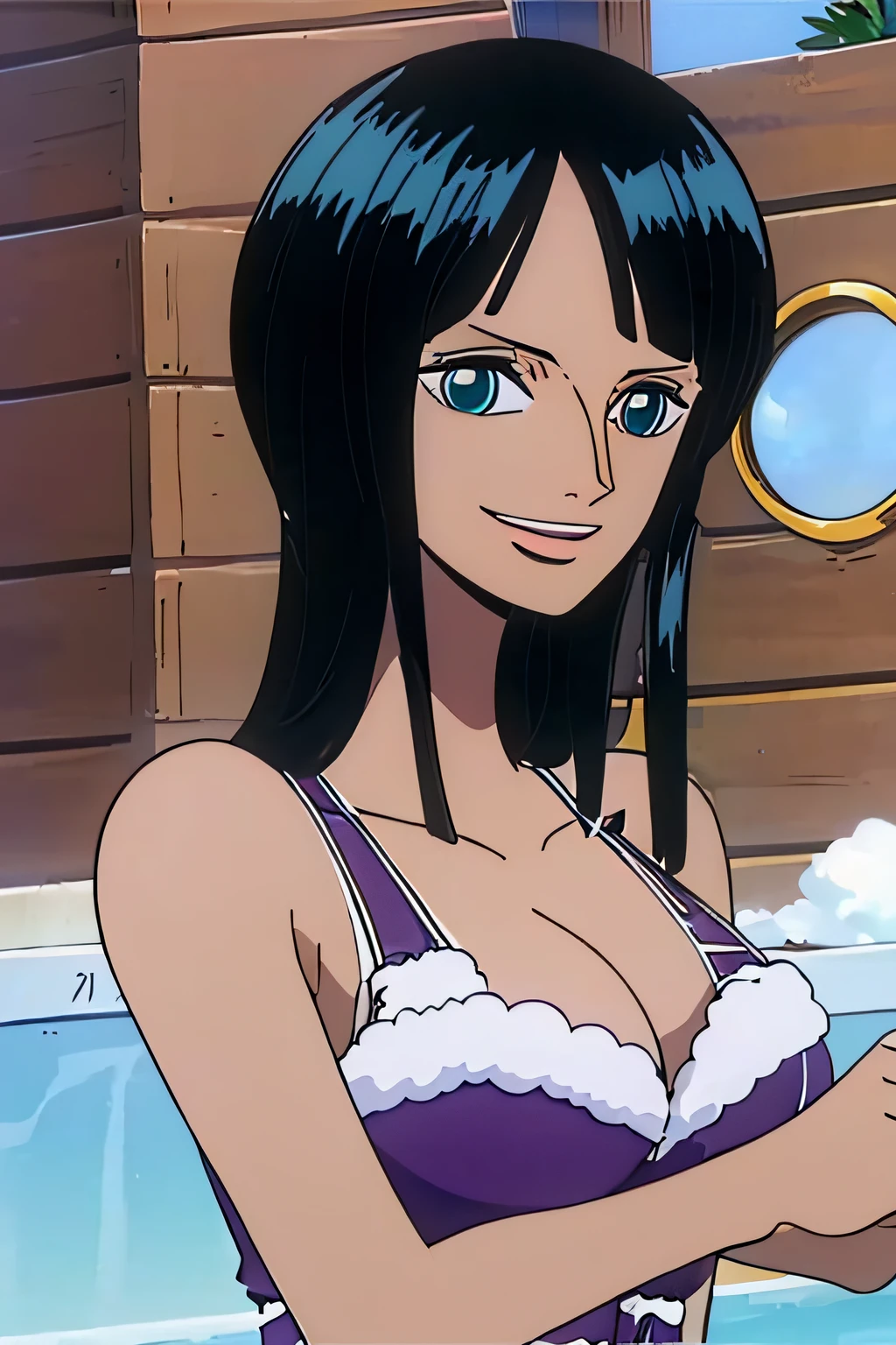 (Obra maestra),La mejor calidad,asombroso,Detalle fino,hermosos ojos detallados, Nico Robin, 1girl,hembra madura,feliz,sonrisa ligera, barriga, , armpits, bathing, bath, blue eyes, purple bra, big bre