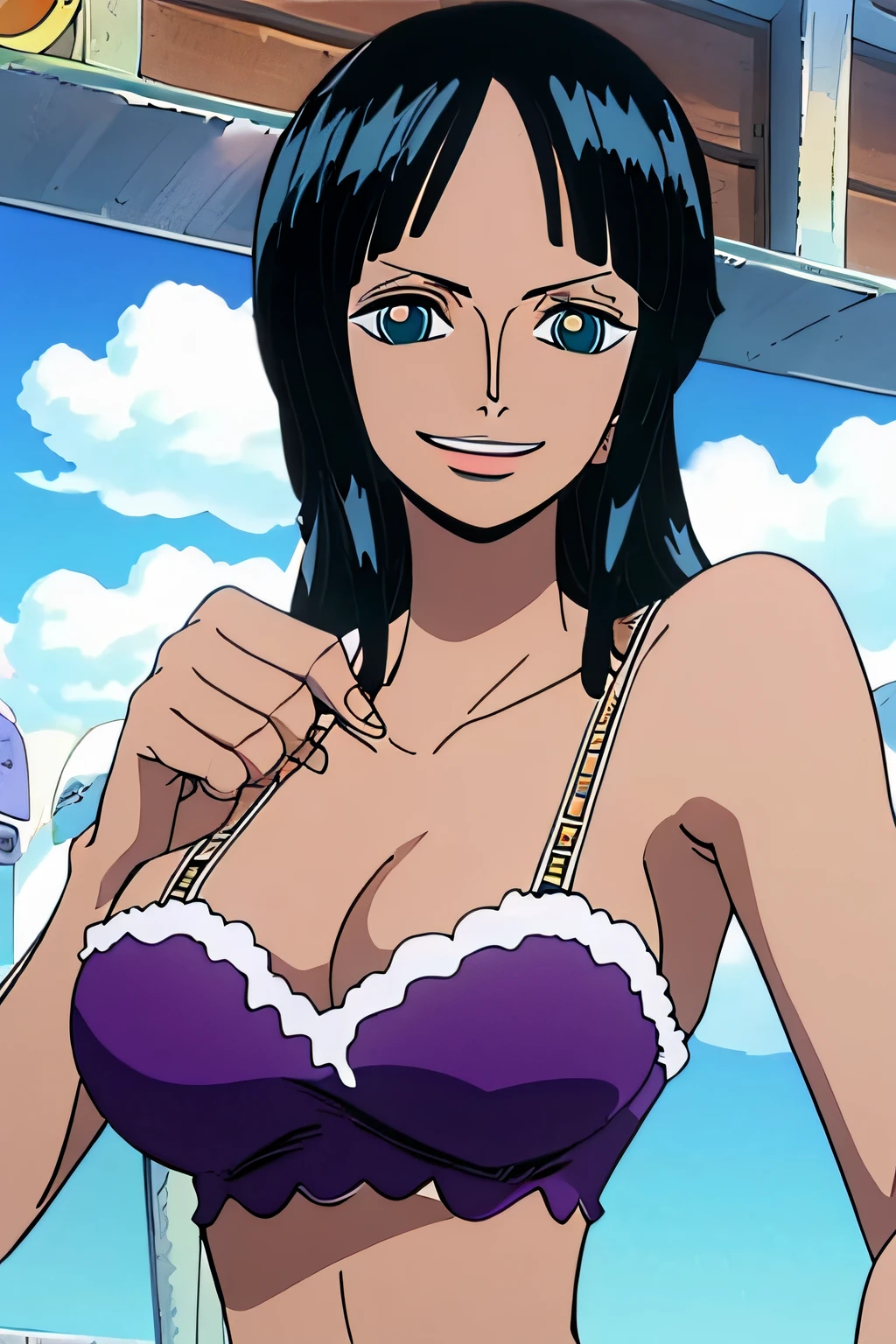 (Obra maestra),La mejor calidad,asombroso,Detalle fino,hermosos ojos detallados, Nico Robin, 1girl,hembra madura,feliz,sonrisa ligera, barriga, breasts, armpits, bathing, bath, blue eyes, purple bra, big breasts